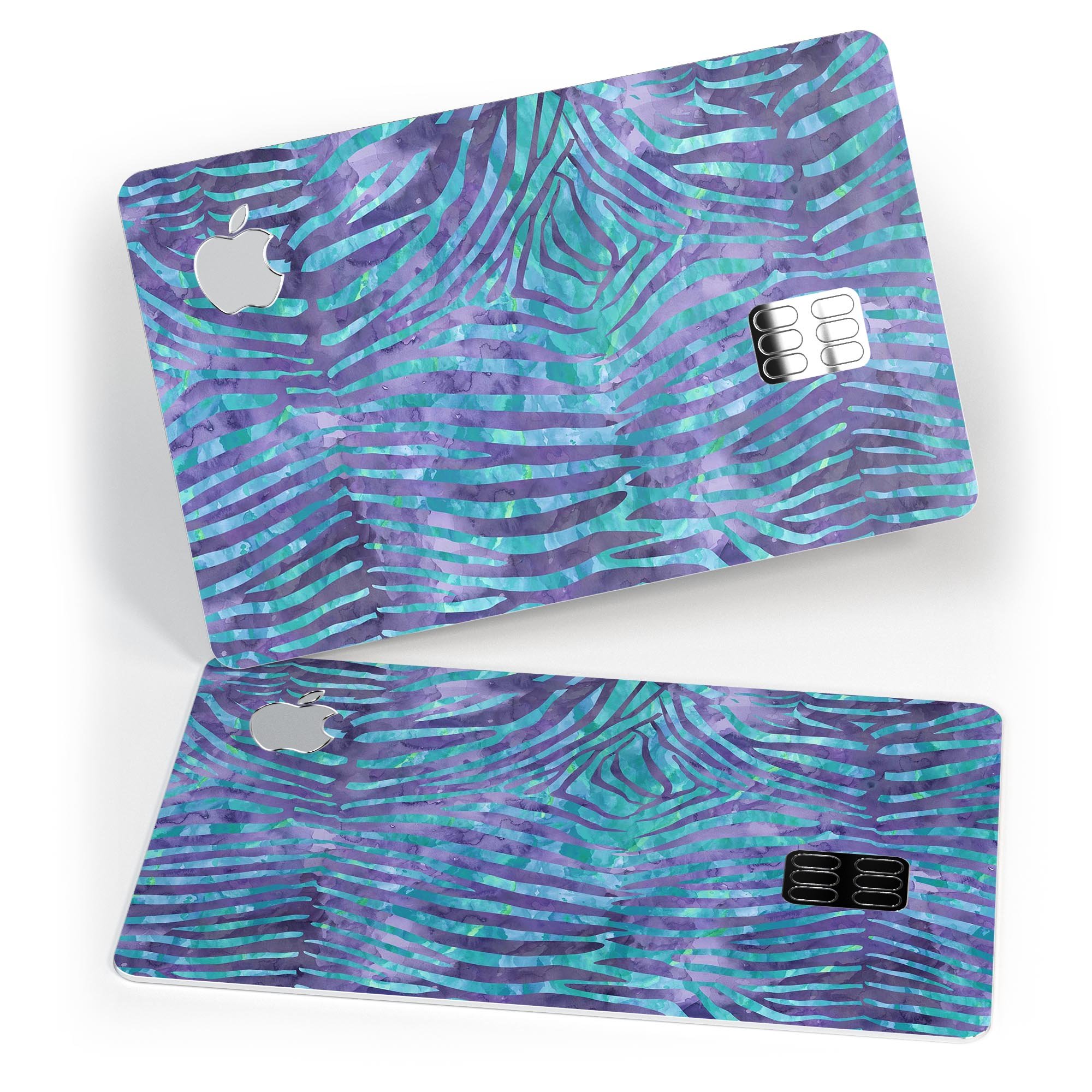 Blue and purple watercolor zebra pattern protective decal for Apple Card, showcasing vibrant colors and stylish design.