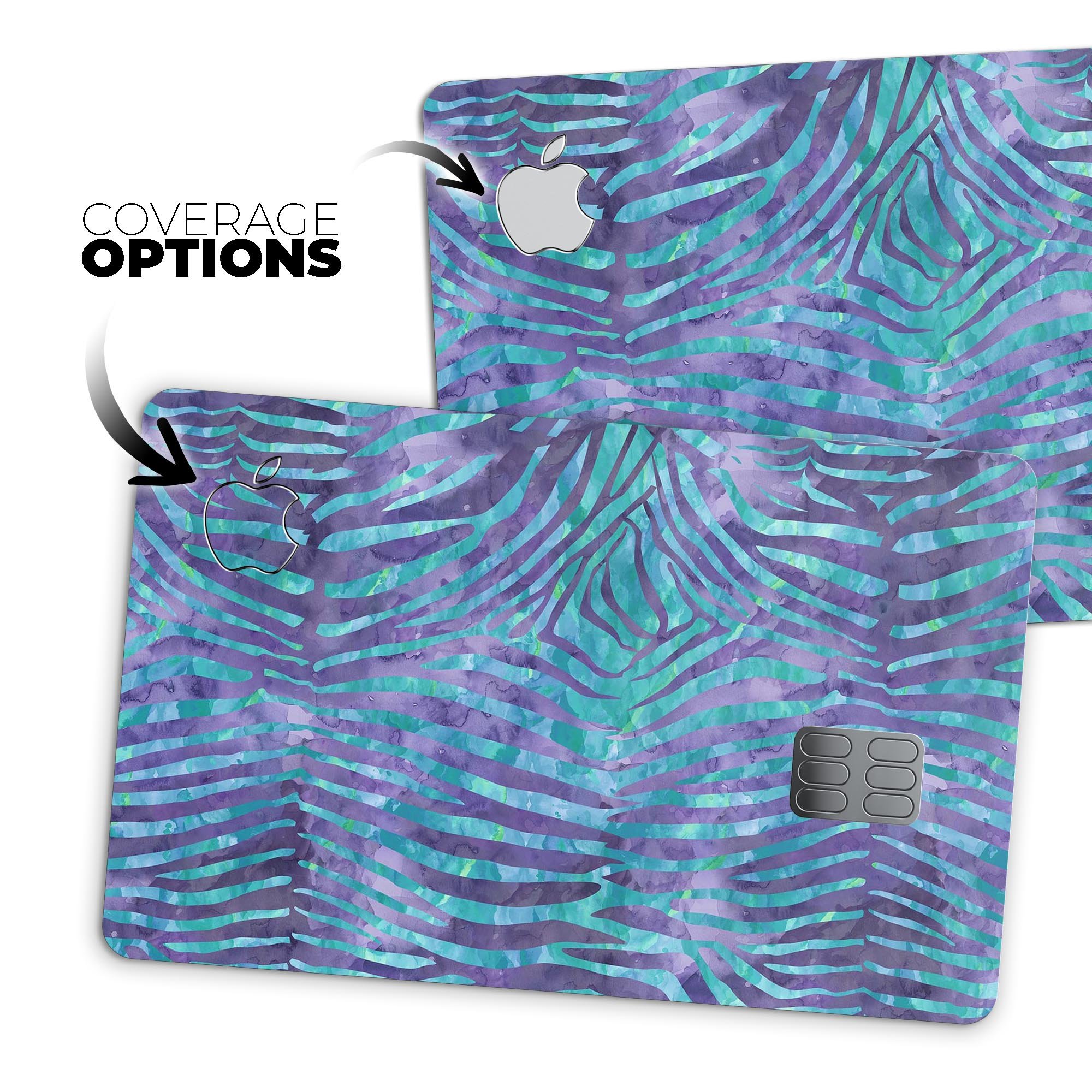 Blue and purple watercolor zebra pattern protective decal for Apple Card, showcasing vibrant colors and stylish design.
