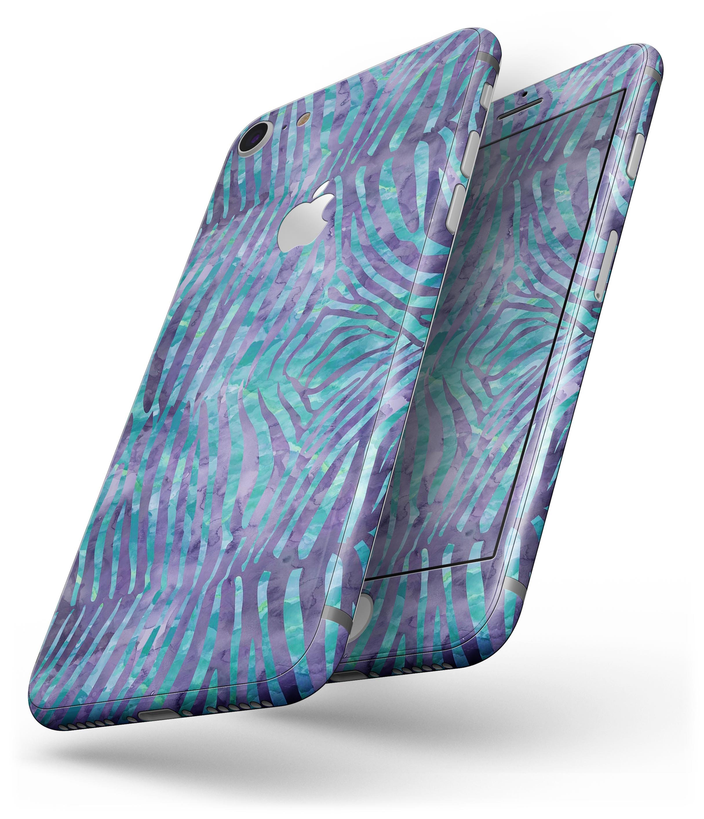 Blue and Purple Watercolor Zebra Pattern skin for iPhone 8, showcasing vibrant colors and unique design.