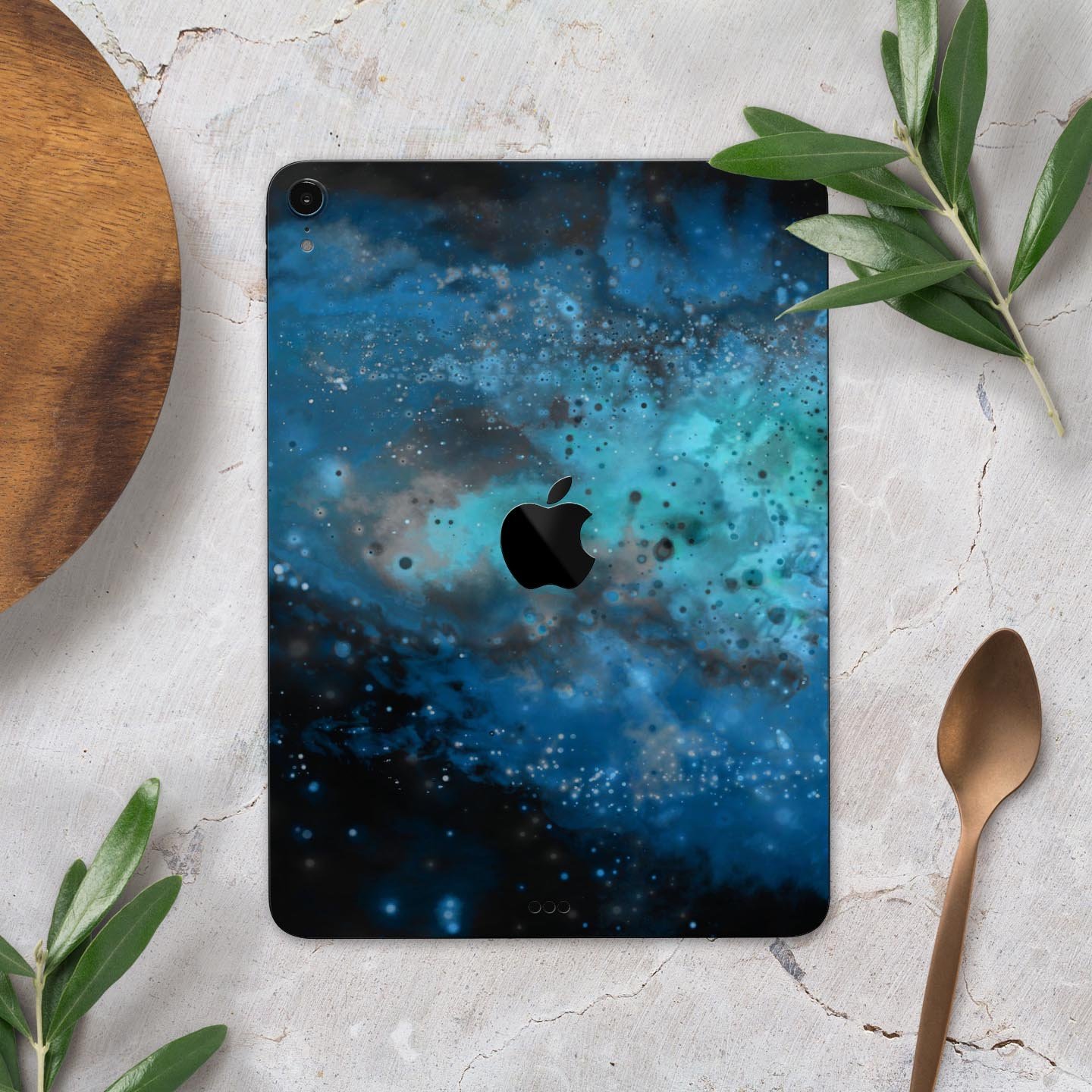 Blue and teal painted universe skin decal for Apple devices, showcasing vibrant colors and intricate design for full body protection.