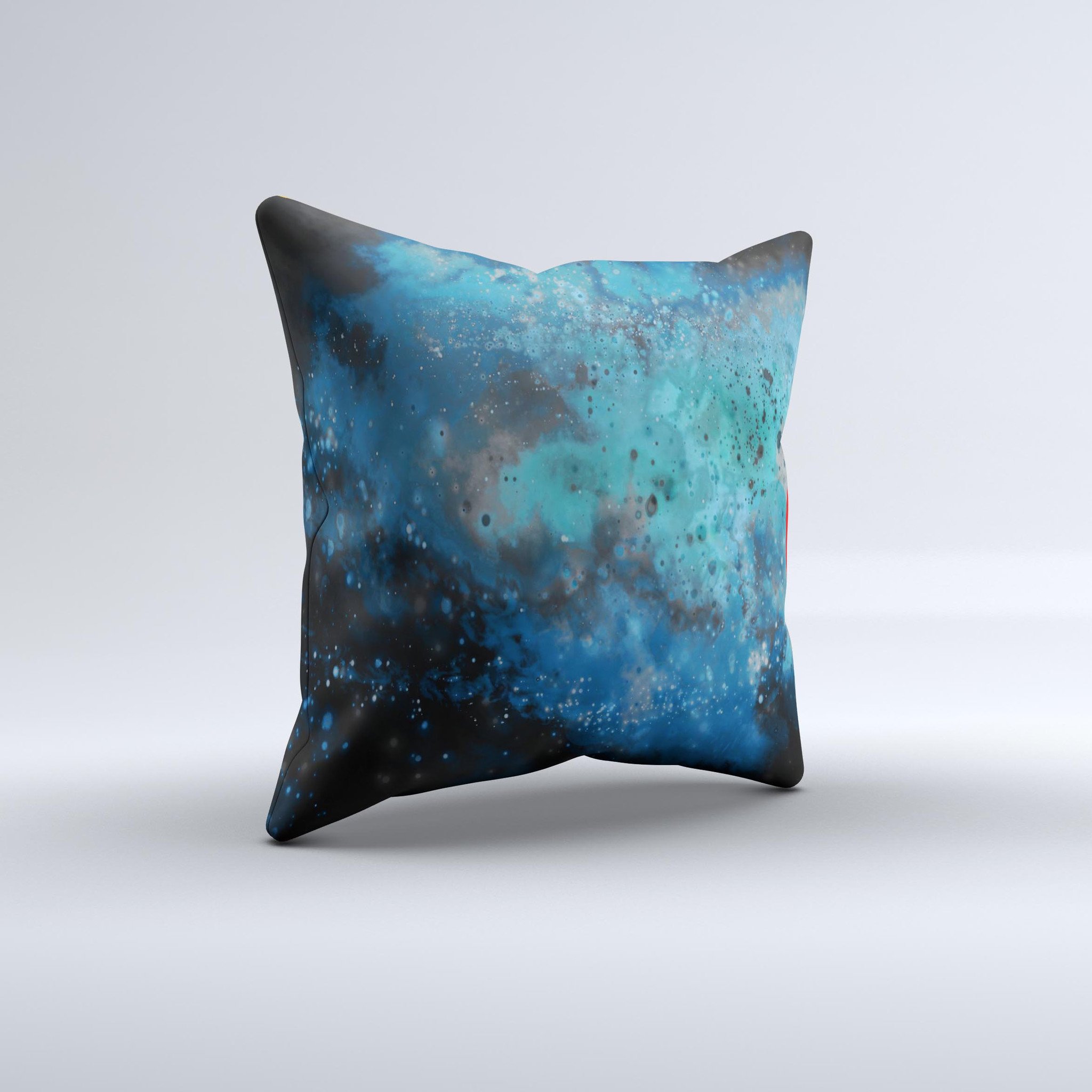 A vibrant blue and teal decorative throw pillow featuring a unique ink-fuzed universe design, handcrafted in Virginia.