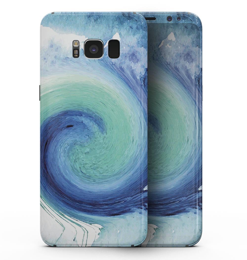 Samsung Galaxy S8 with Blue and Teal Watercolor Swirl skin, showcasing vibrant colors and a sleek design.