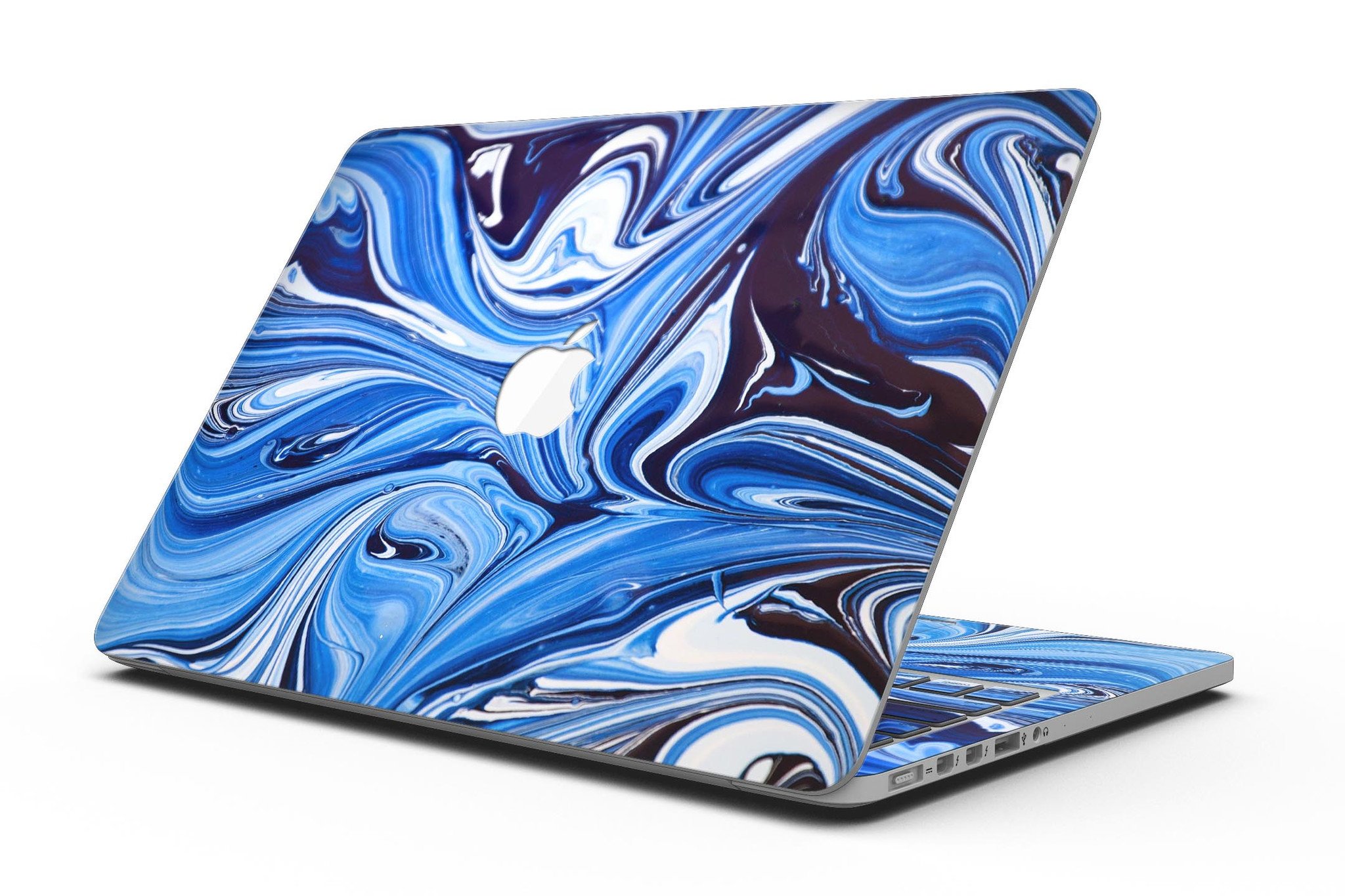 Blue and white blended paint skin for MacBook Pro with Retina Display, showcasing a stylish design that fits perfectly.