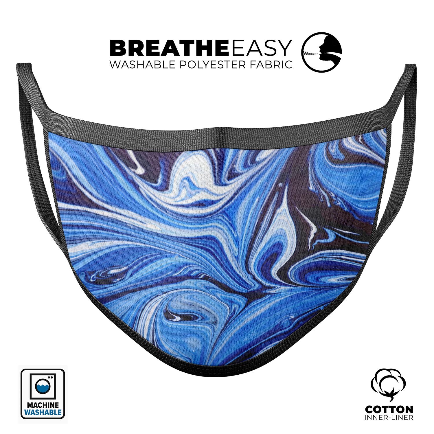 Blue and White Blended Paint reusable 3D face mask made in the USA, featuring adjustable ear loops and a comfortable cotton interior.