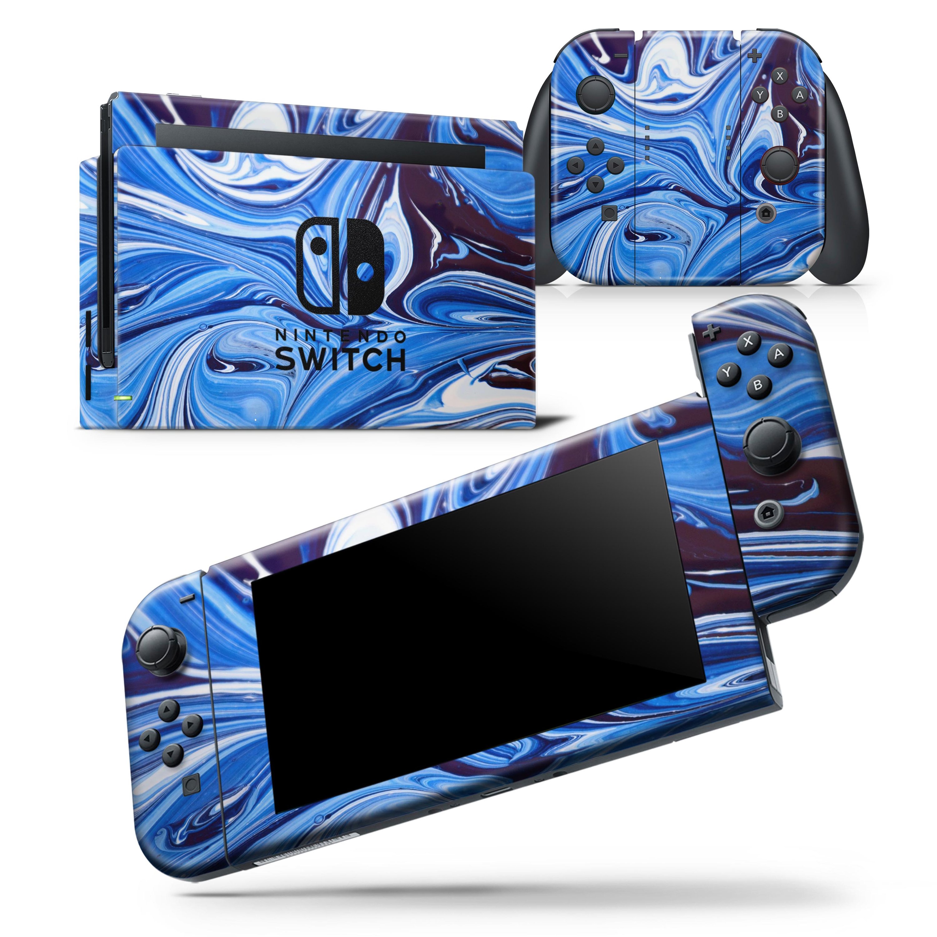 Blue and white blended paint skin wrap decal for Nintendo Switch, showcasing a stylish design that fits the console and controllers perfectly.