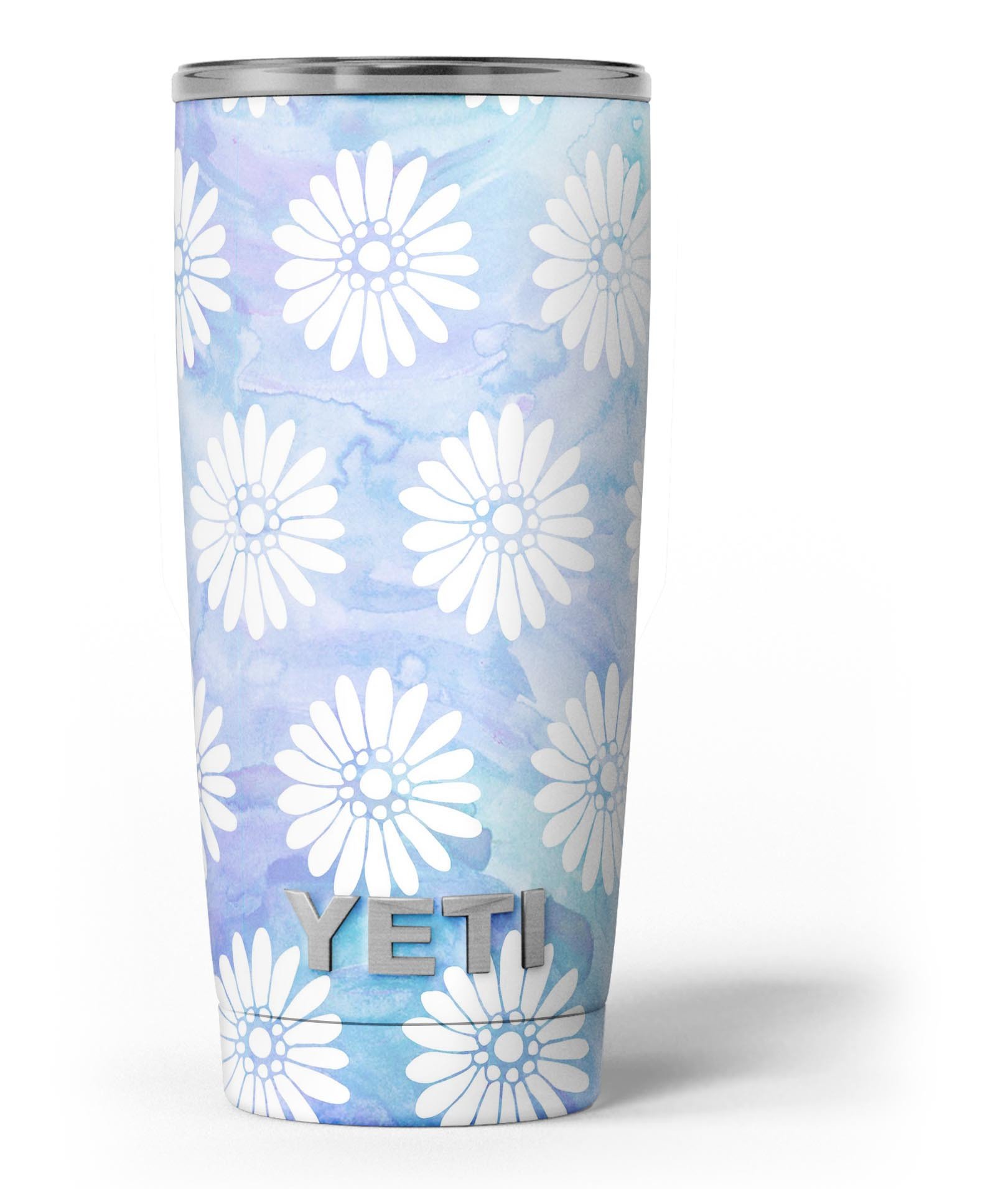 Blue and white watercolor flower print skin decal vinyl wrap for Yeti Cooler, showcasing vibrant floral patterns.