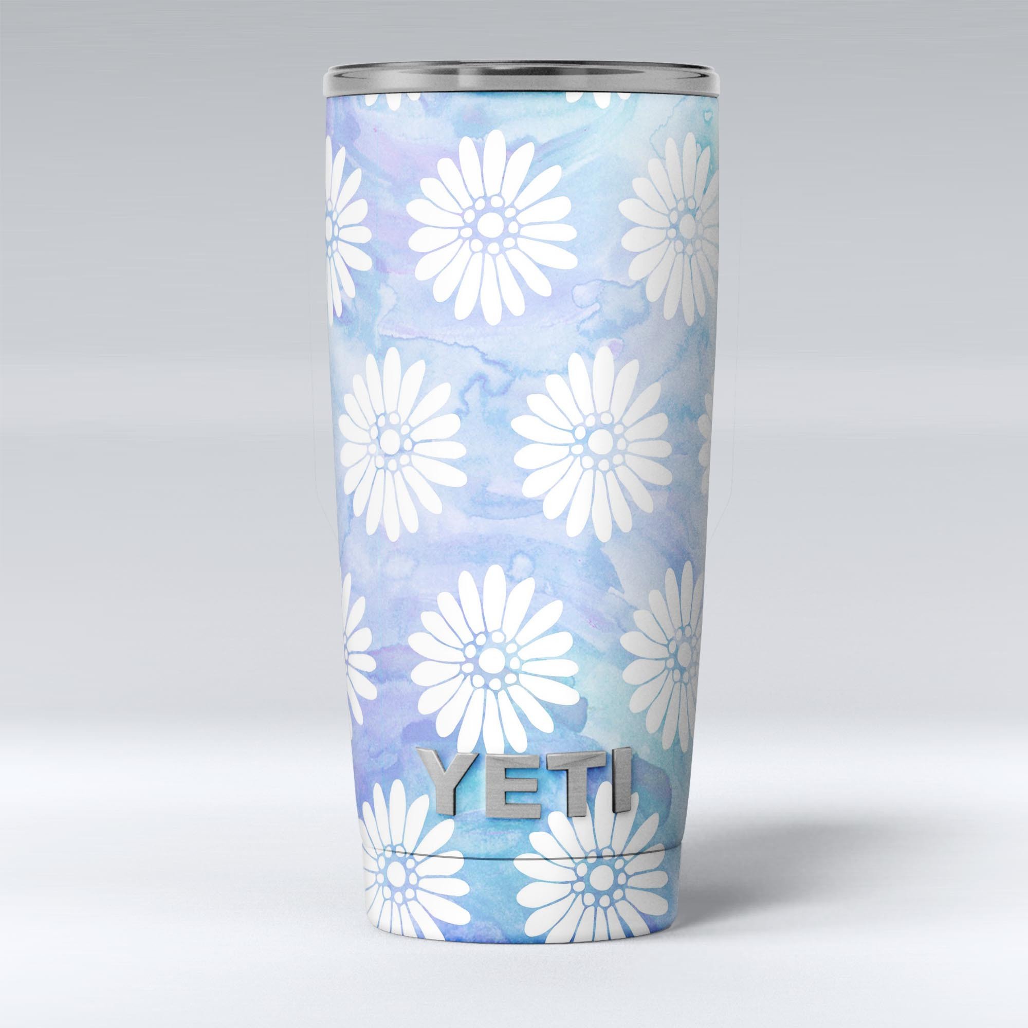 Blue and white watercolor flower print skin decal vinyl wrap for Yeti Cooler, showcasing vibrant floral patterns.