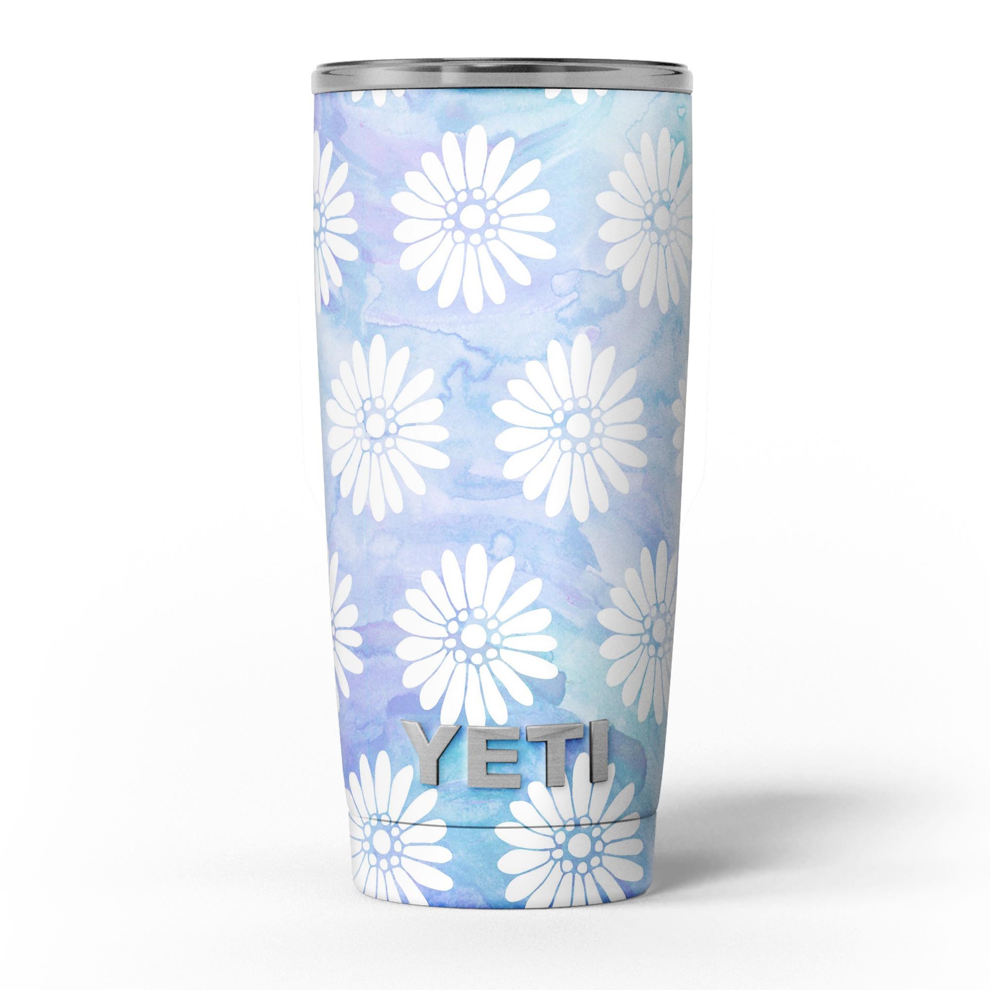 Blue and white watercolor flower print skin decal vinyl wrap for Yeti Cooler, showcasing vibrant floral patterns.