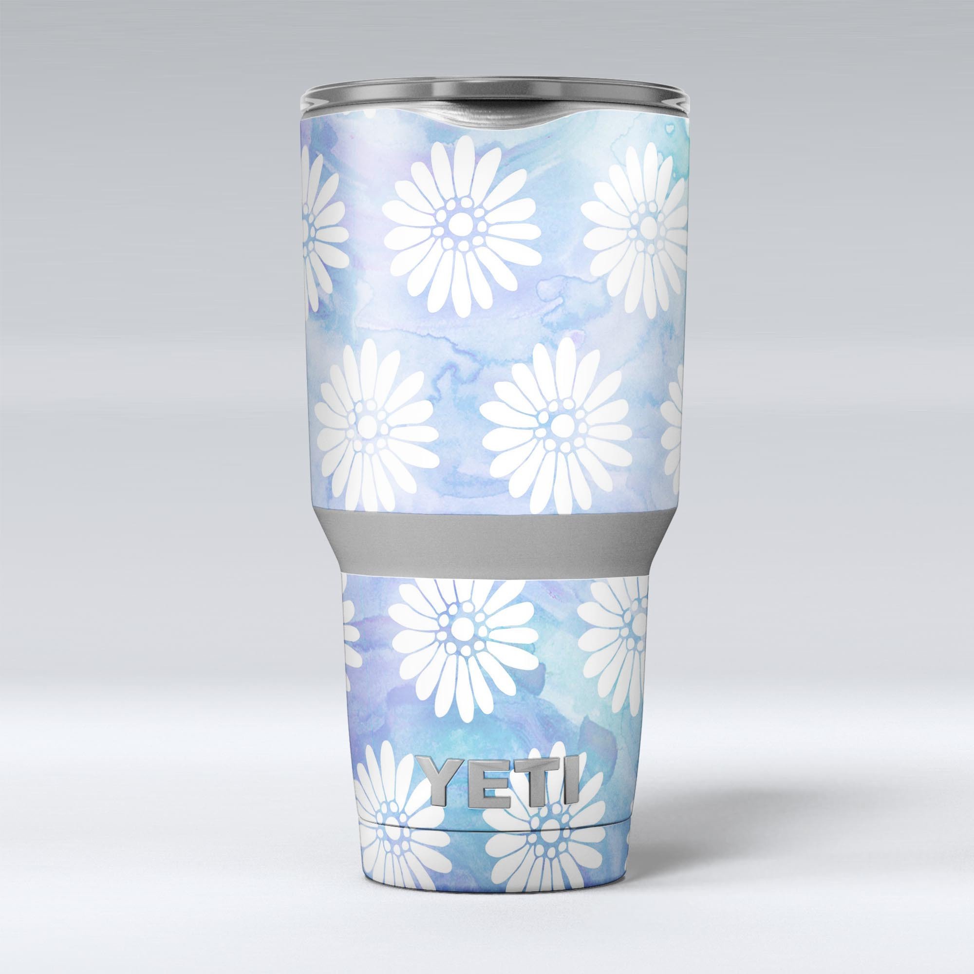 Blue and white watercolor flower print skin decal vinyl wrap for Yeti Cooler, showcasing vibrant floral patterns.