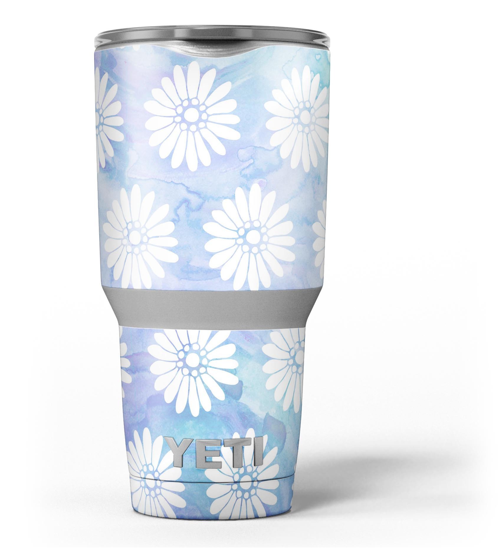 Blue and white watercolor flower print skin decal vinyl wrap for Yeti Cooler, showcasing vibrant floral patterns.