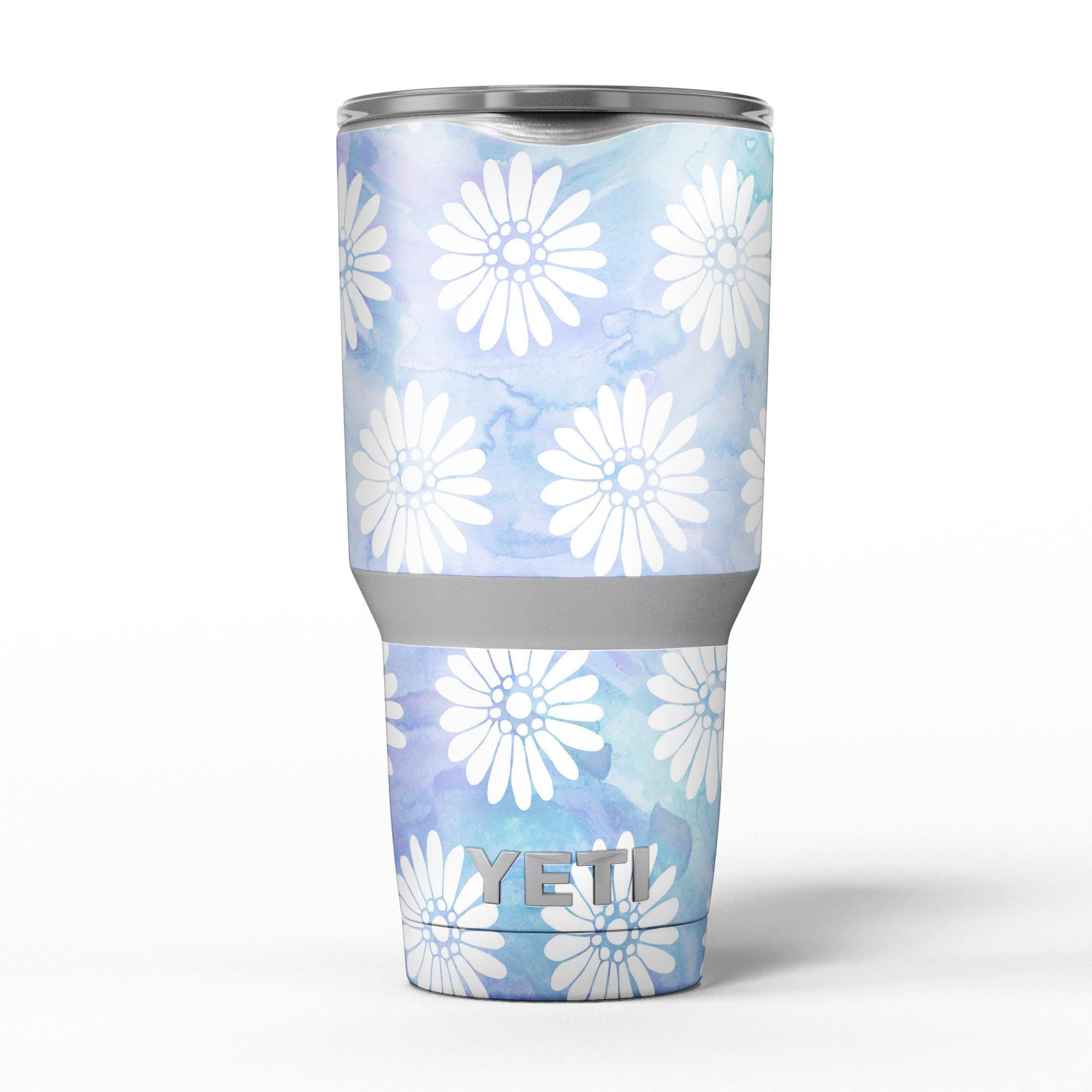 Blue and white watercolor flower print skin decal vinyl wrap for Yeti Cooler, showcasing vibrant floral patterns.
