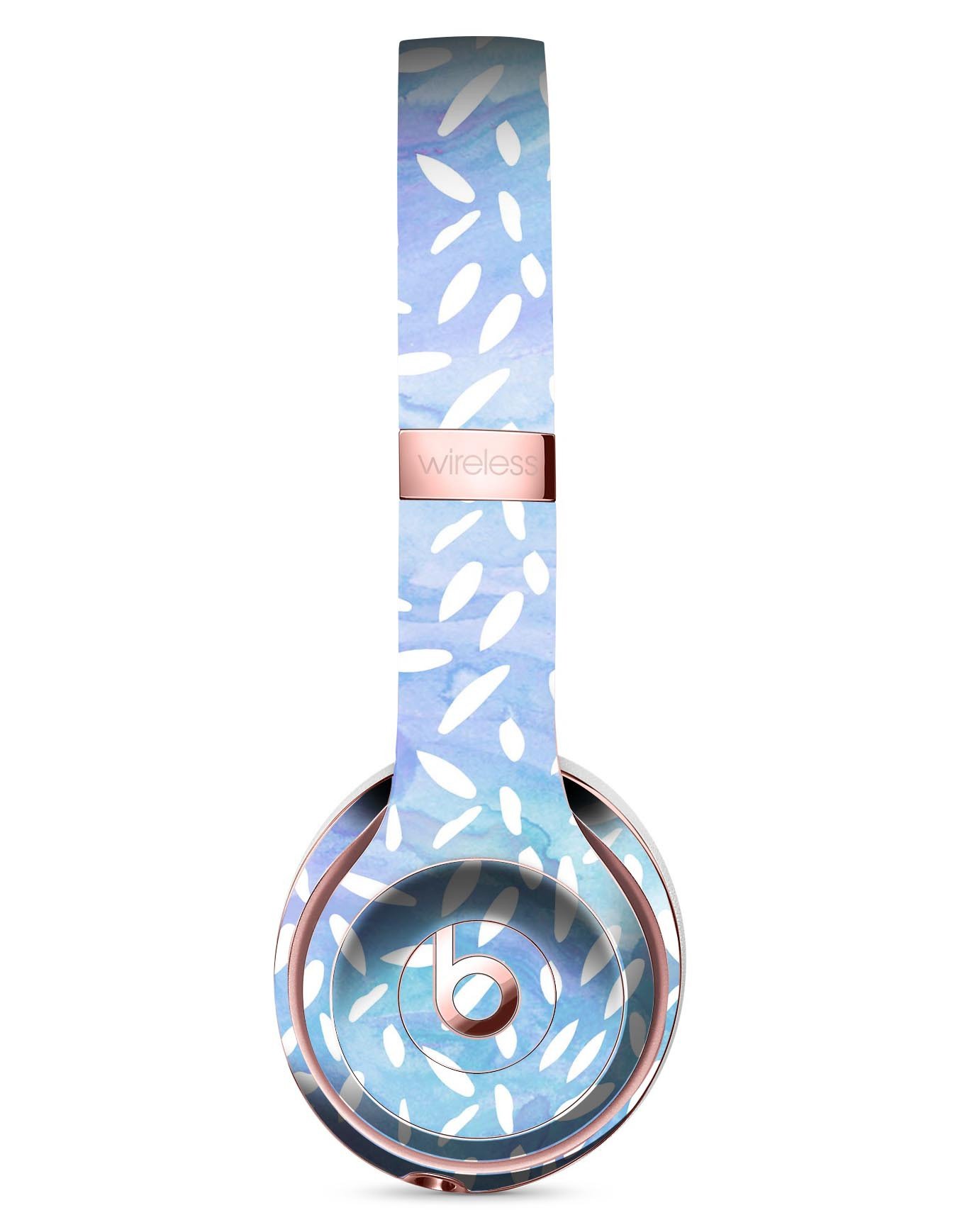 Blue and white watercolor leaves pattern skin kit for Beats by Dre Solo 3 Wireless Headphones, showcasing vibrant design and precise fit.