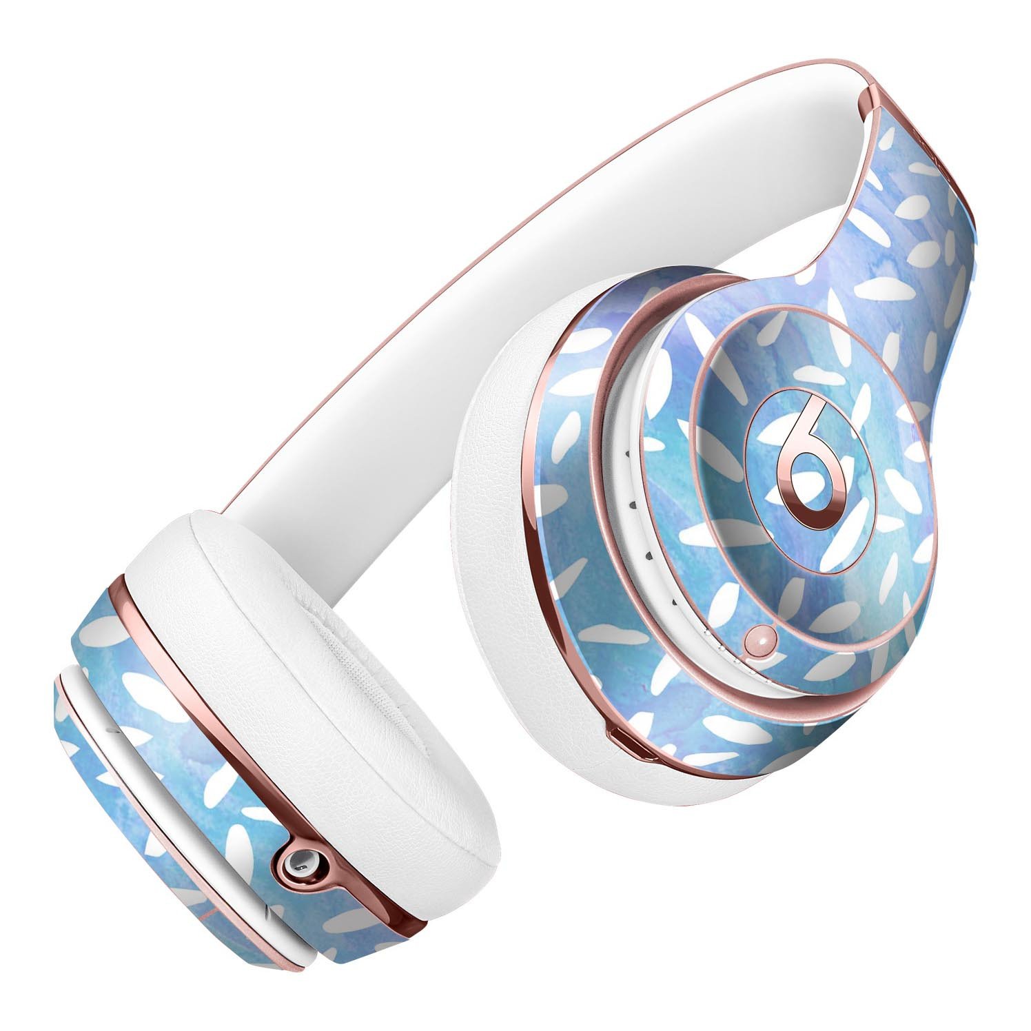 Blue and white watercolor leaves pattern skin kit for Beats by Dre Solo 3 Wireless Headphones, showcasing vibrant design and precise fit.