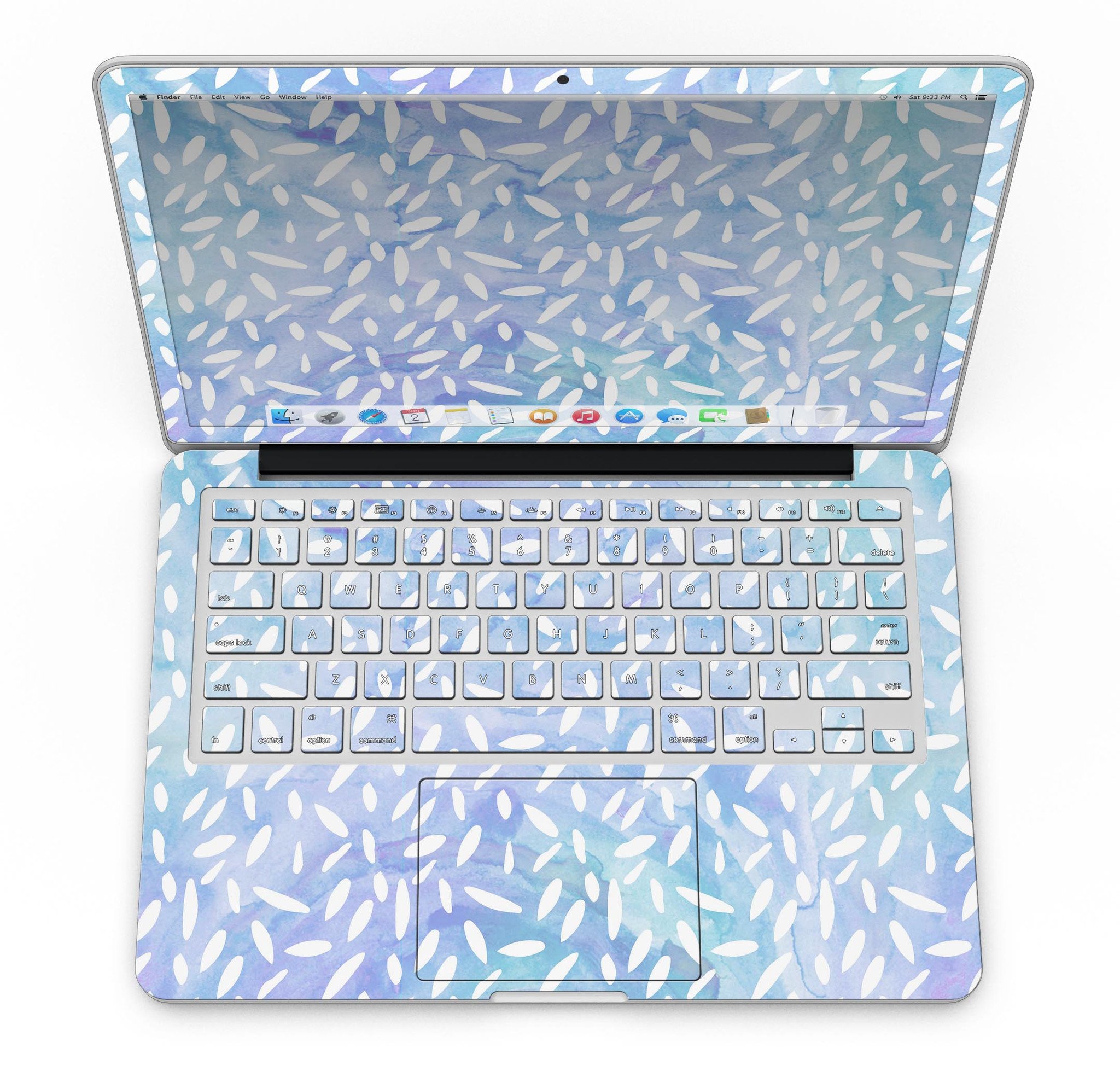 Blue and white watercolor leaves pattern skin for MacBook Pro with Retina Display, showcasing vibrant colors and intricate design.