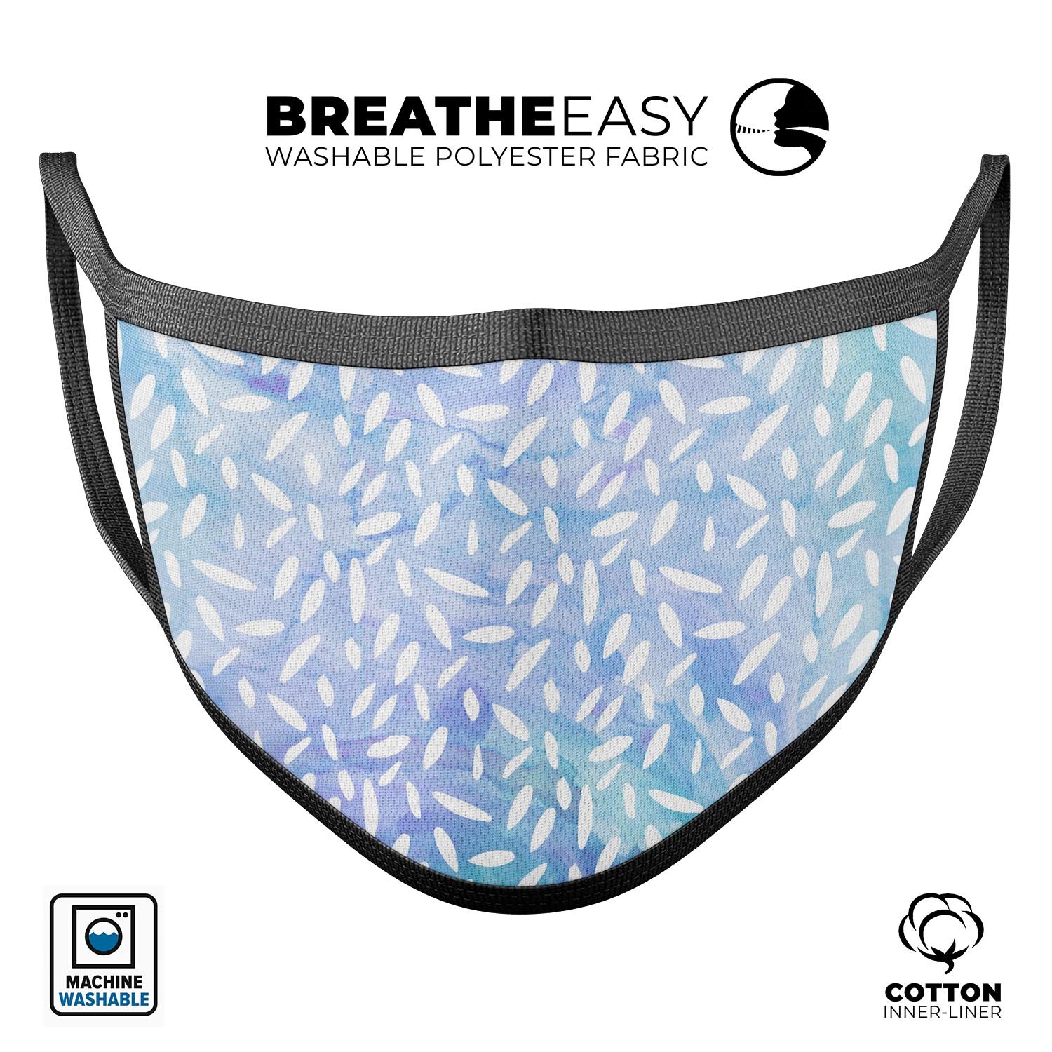 Blue and white watercolor leaves pattern mouth cover, showcasing a vibrant design and adjustable ear loops.