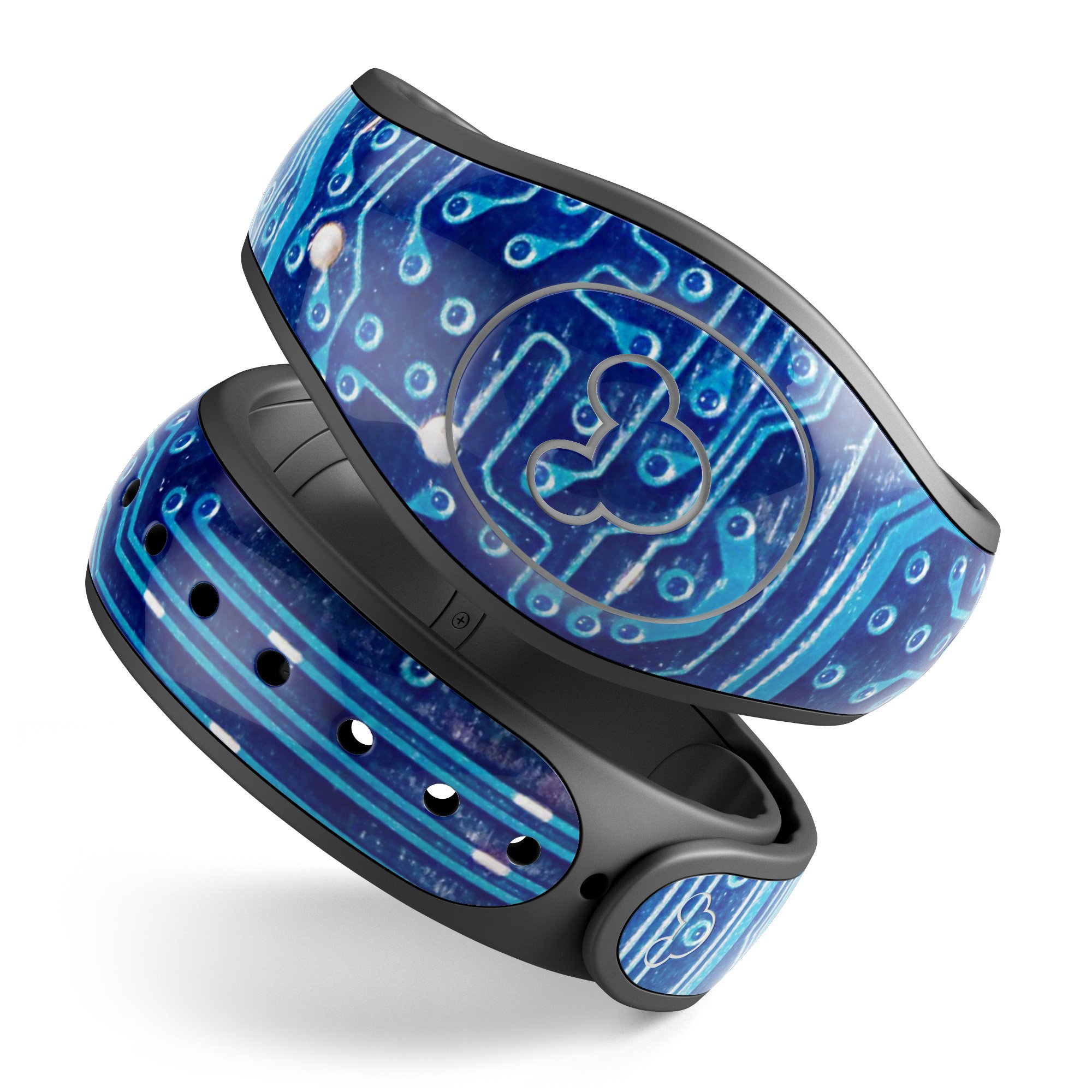 Blue Circuit Board V1 decal skin wrap kit designed for Disney Magic Band, showcasing a trendy circuit board design with protective features.