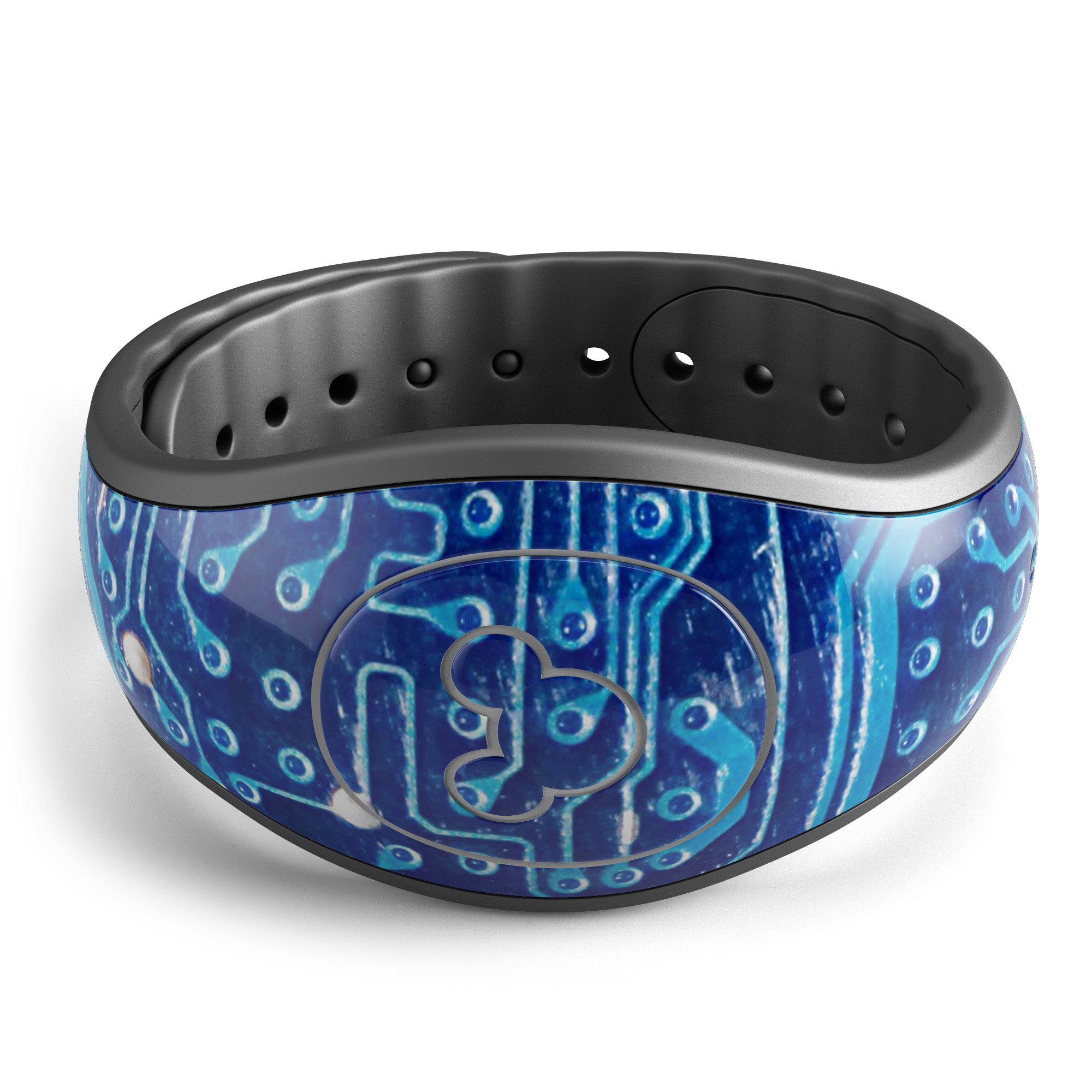 Blue Circuit Board V1 decal skin wrap kit designed for Disney Magic Band, showcasing a trendy circuit board design with protective features.