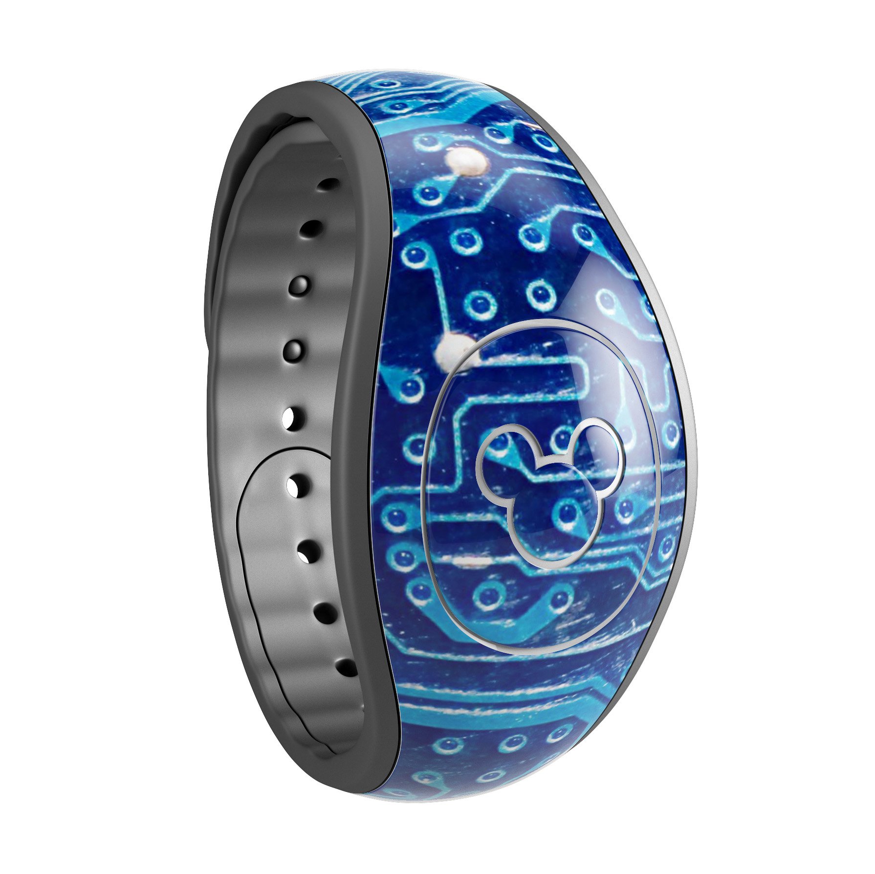 Blue Circuit Board V1 decal skin wrap kit designed for Disney Magic Band, showcasing a trendy circuit board design with protective features.