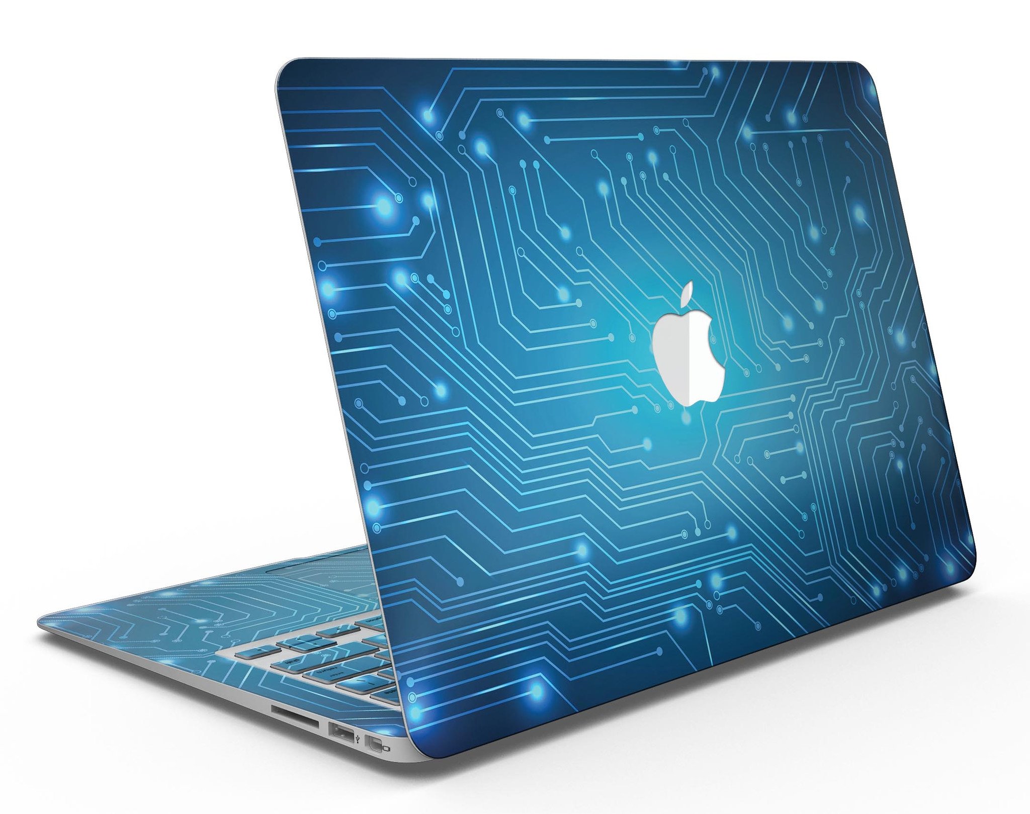 Blue Circuit Board V2 skin kit for MacBook Air, showcasing a vibrant blue circuit design on premium vinyl material.