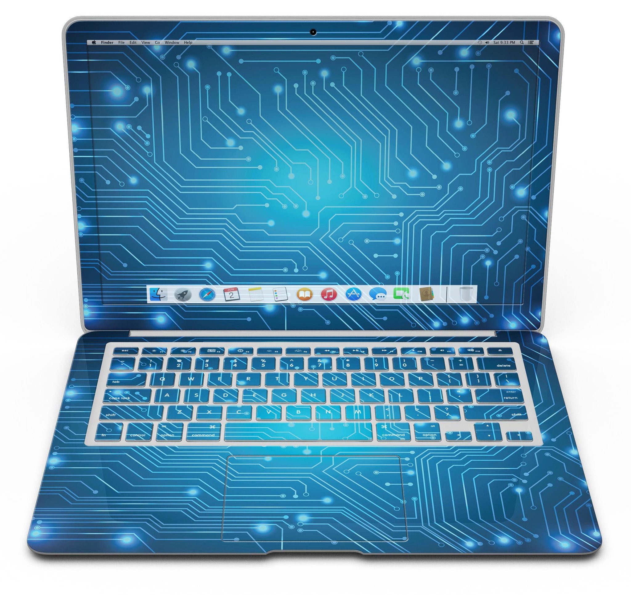 Blue Circuit Board V2 skin kit for MacBook Air, showcasing a vibrant blue circuit design on premium vinyl material.