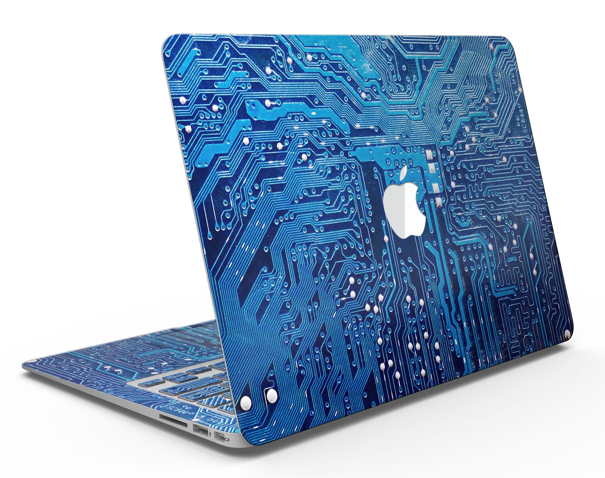 Blue Circuit Board V1 Skin Kit for MacBook Air, showcasing a vibrant circuit board design on premium vinyl.