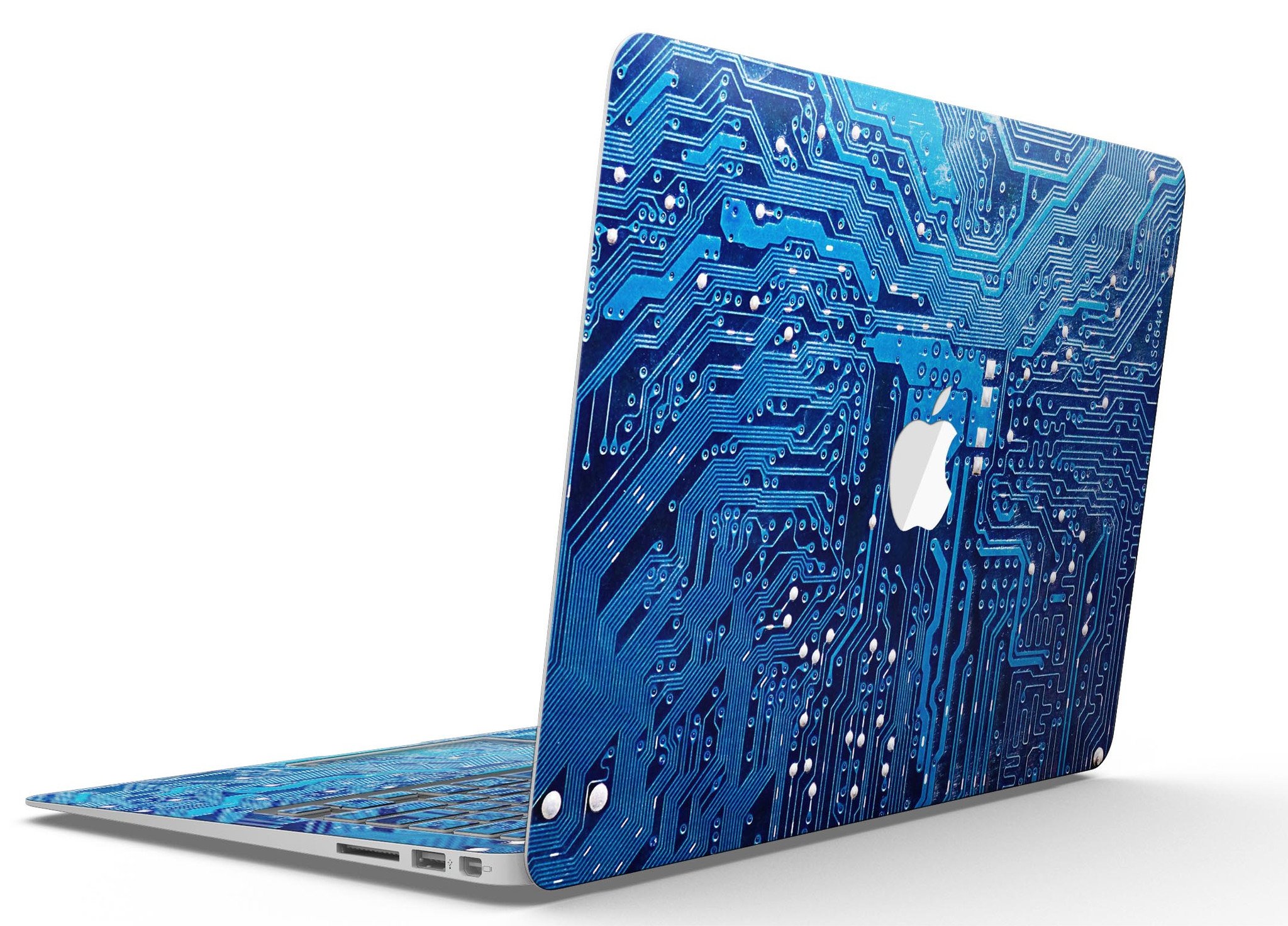 Blue Circuit Board V1 Skin Kit for MacBook Air, showcasing a vibrant circuit board design on premium vinyl.