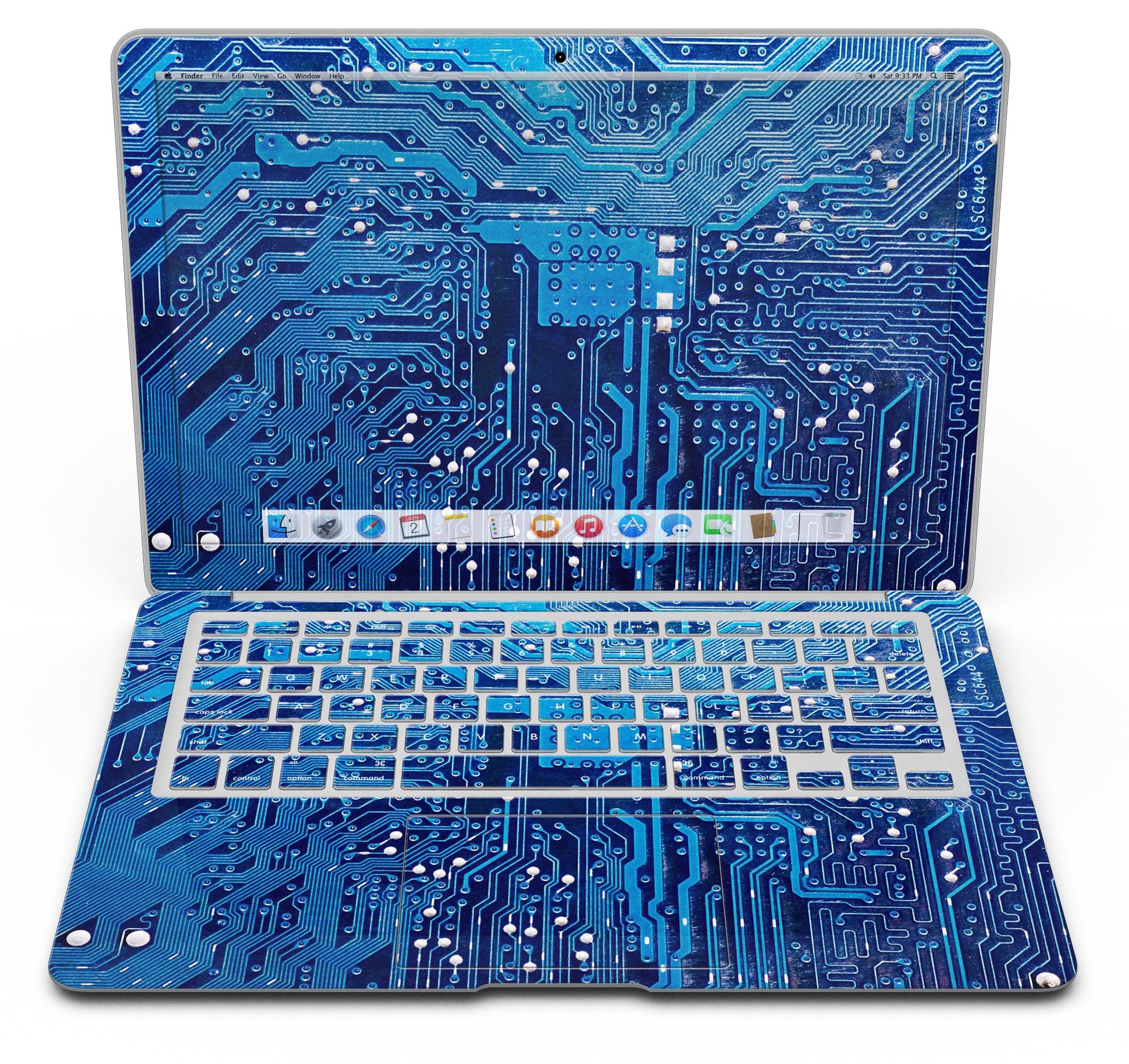Blue Circuit Board V1 Skin Kit for MacBook Air, showcasing a vibrant circuit board design on premium vinyl.