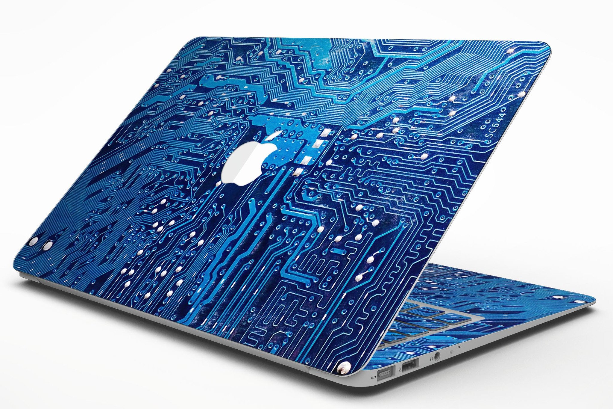 Blue Circuit Board V1 Skin Kit for MacBook Air, showcasing a vibrant circuit board design on premium vinyl.