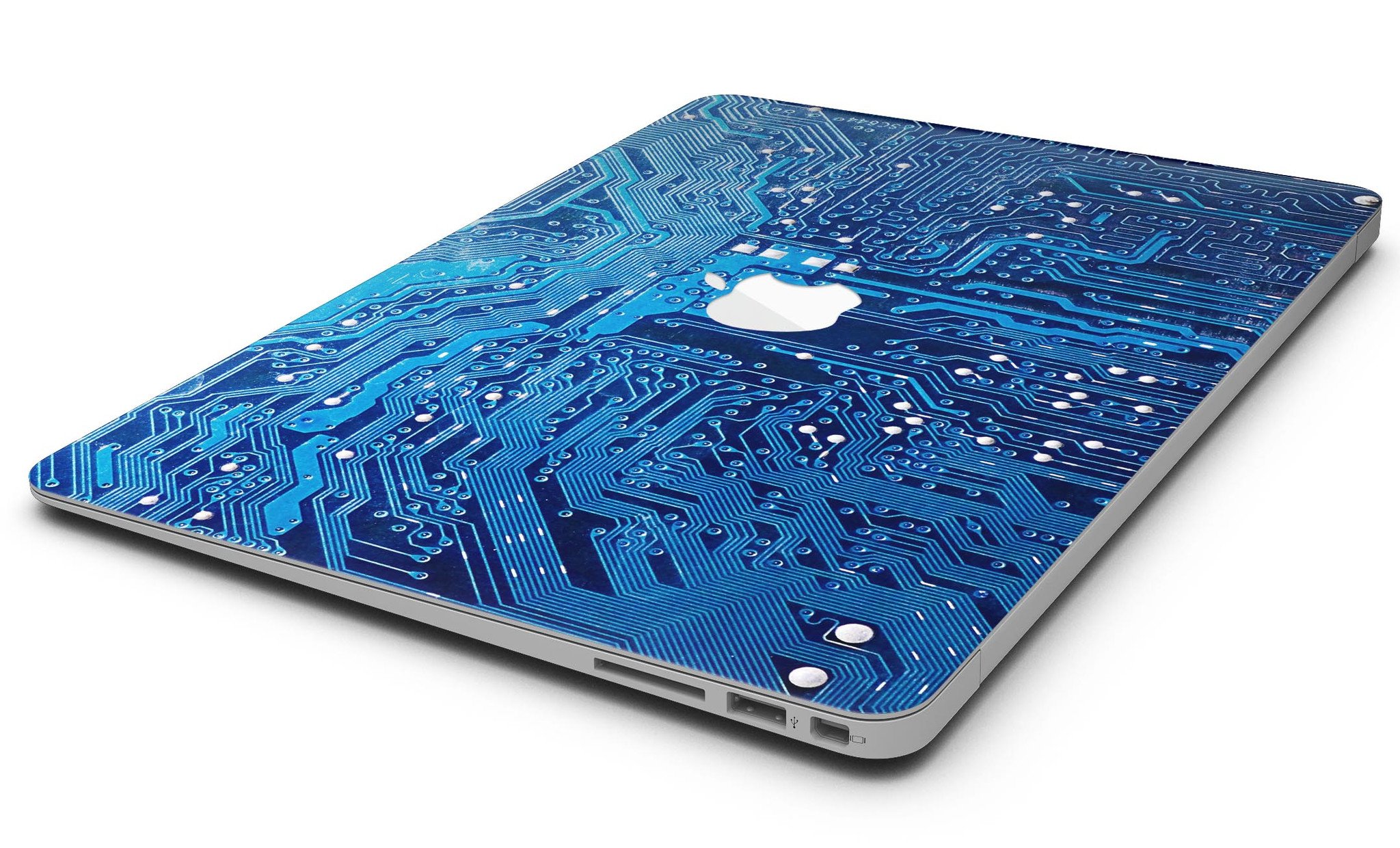 Blue Circuit Board V1 Skin Kit for MacBook Air, showcasing a vibrant circuit board design on premium vinyl.