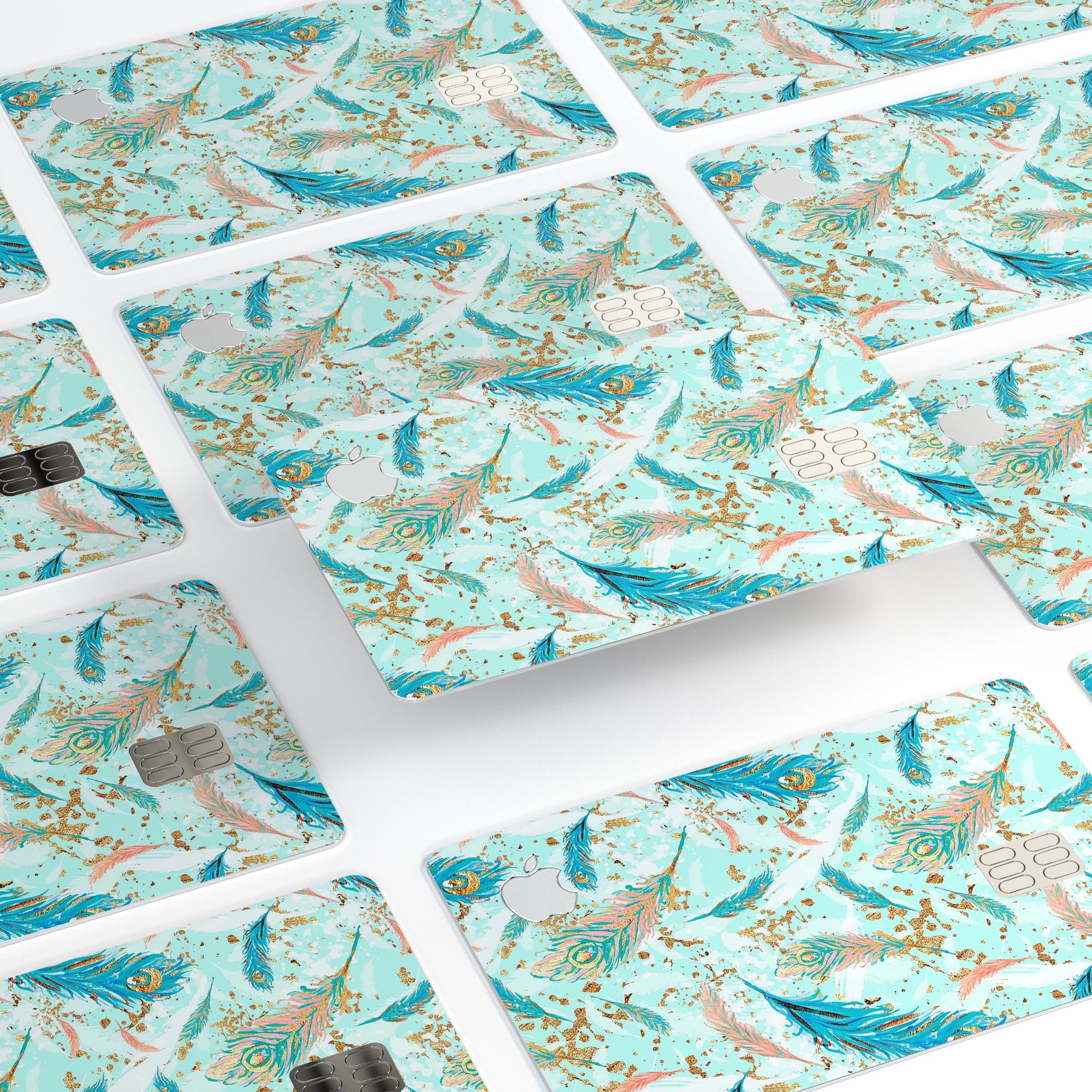 Blue Coral Whispy Feathers decal skin for Apple Card, showcasing vibrant colors and a sleek design.