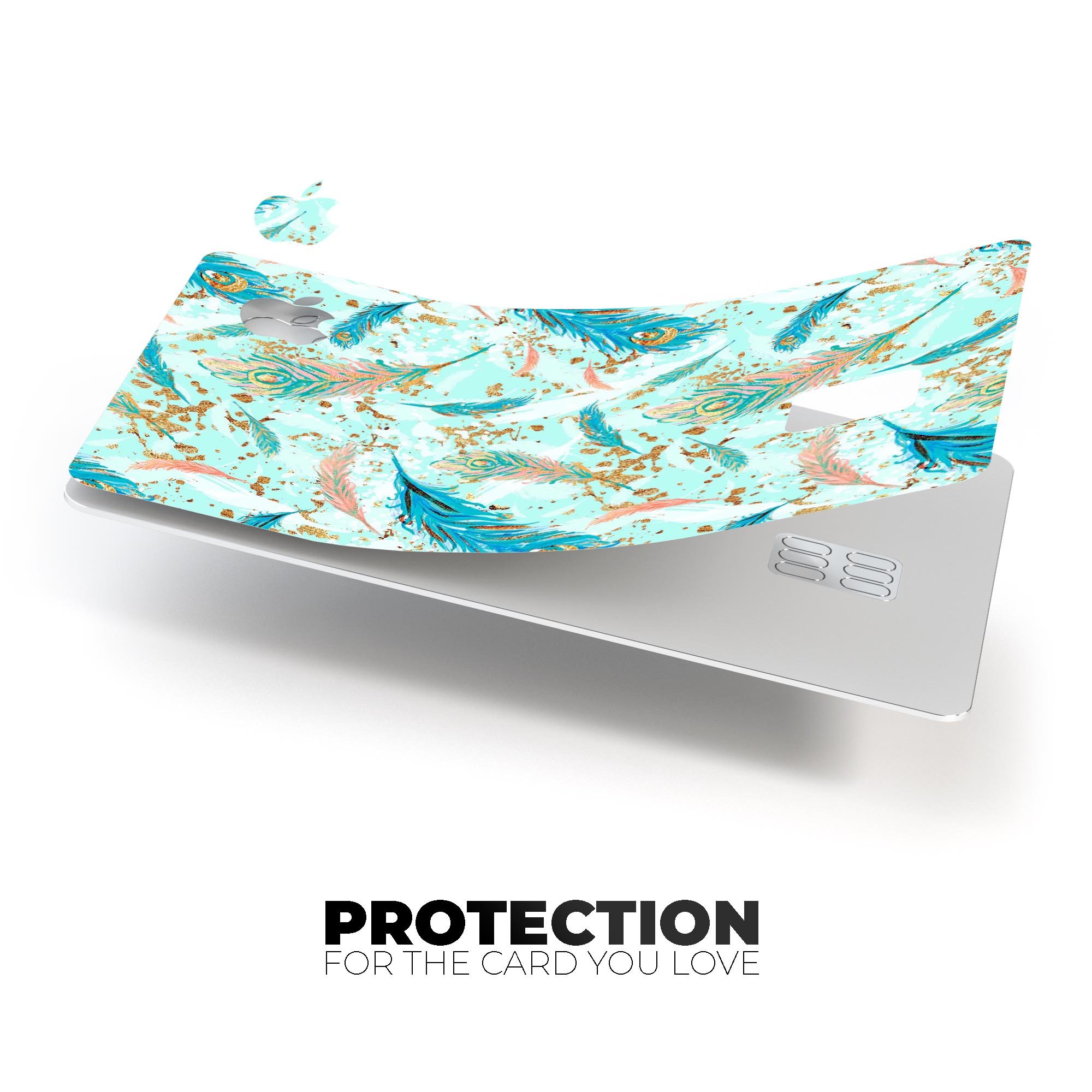 Blue Coral Whispy Feathers decal skin for Apple Card, showcasing vibrant colors and a sleek design.