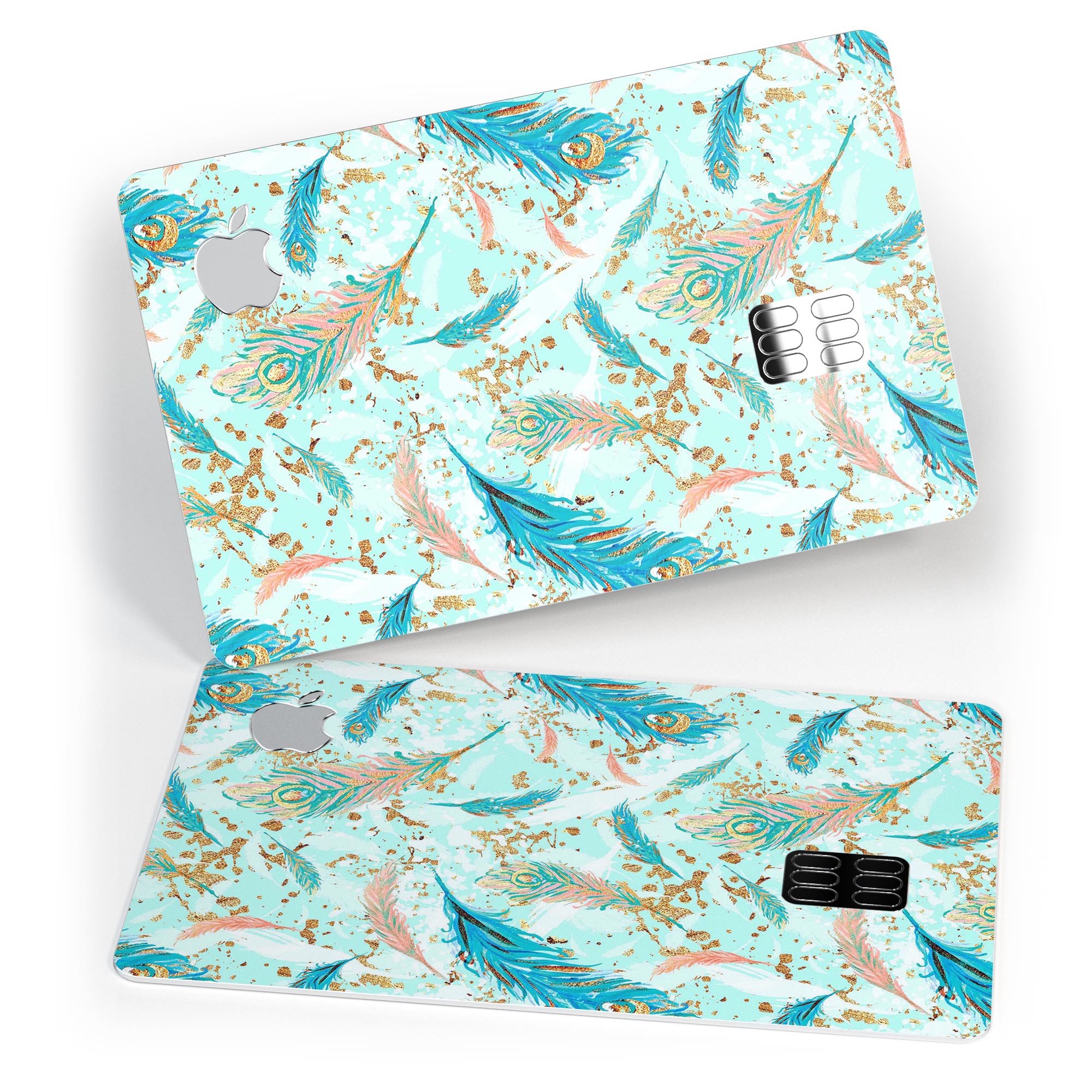 Blue Coral Whispy Feathers decal skin for Apple Card, showcasing vibrant colors and a sleek design.