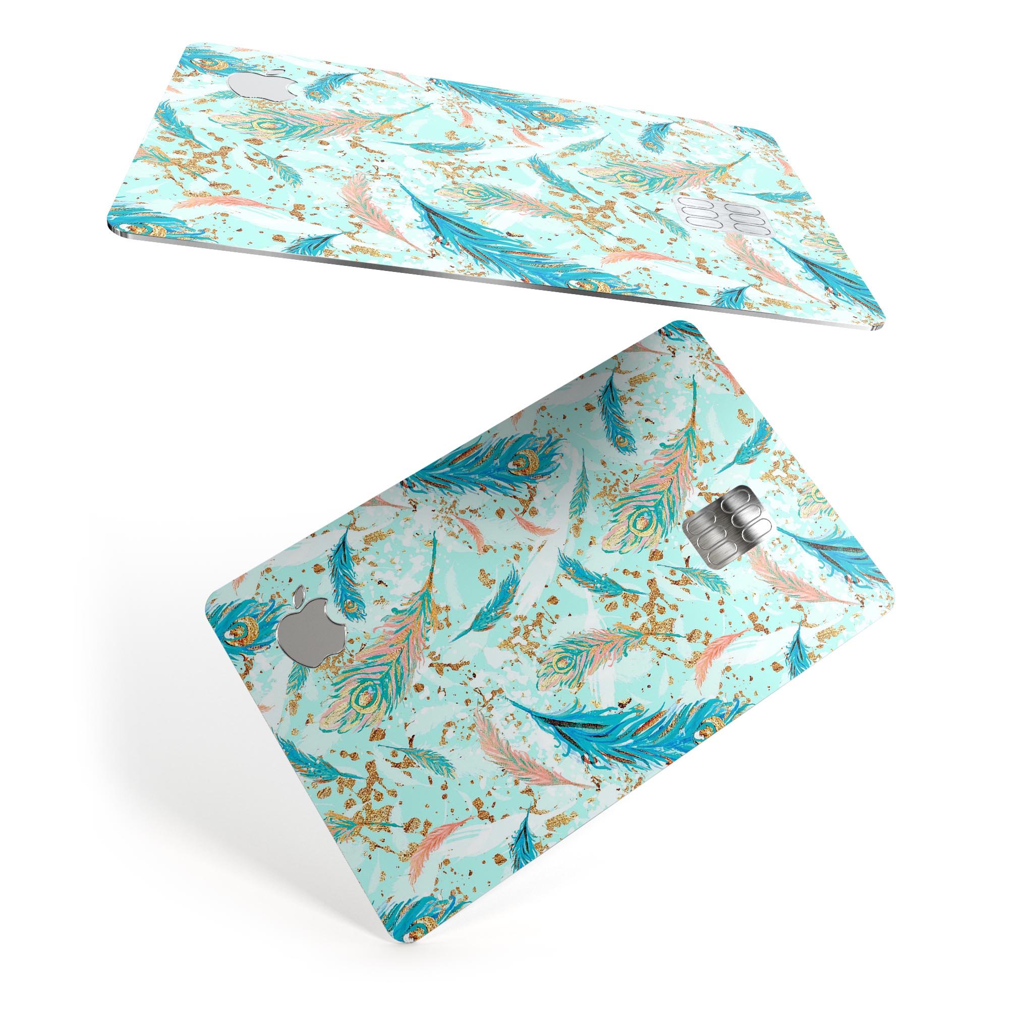 Blue Coral Whispy Feathers decal skin for Apple Card, showcasing vibrant colors and a sleek design.