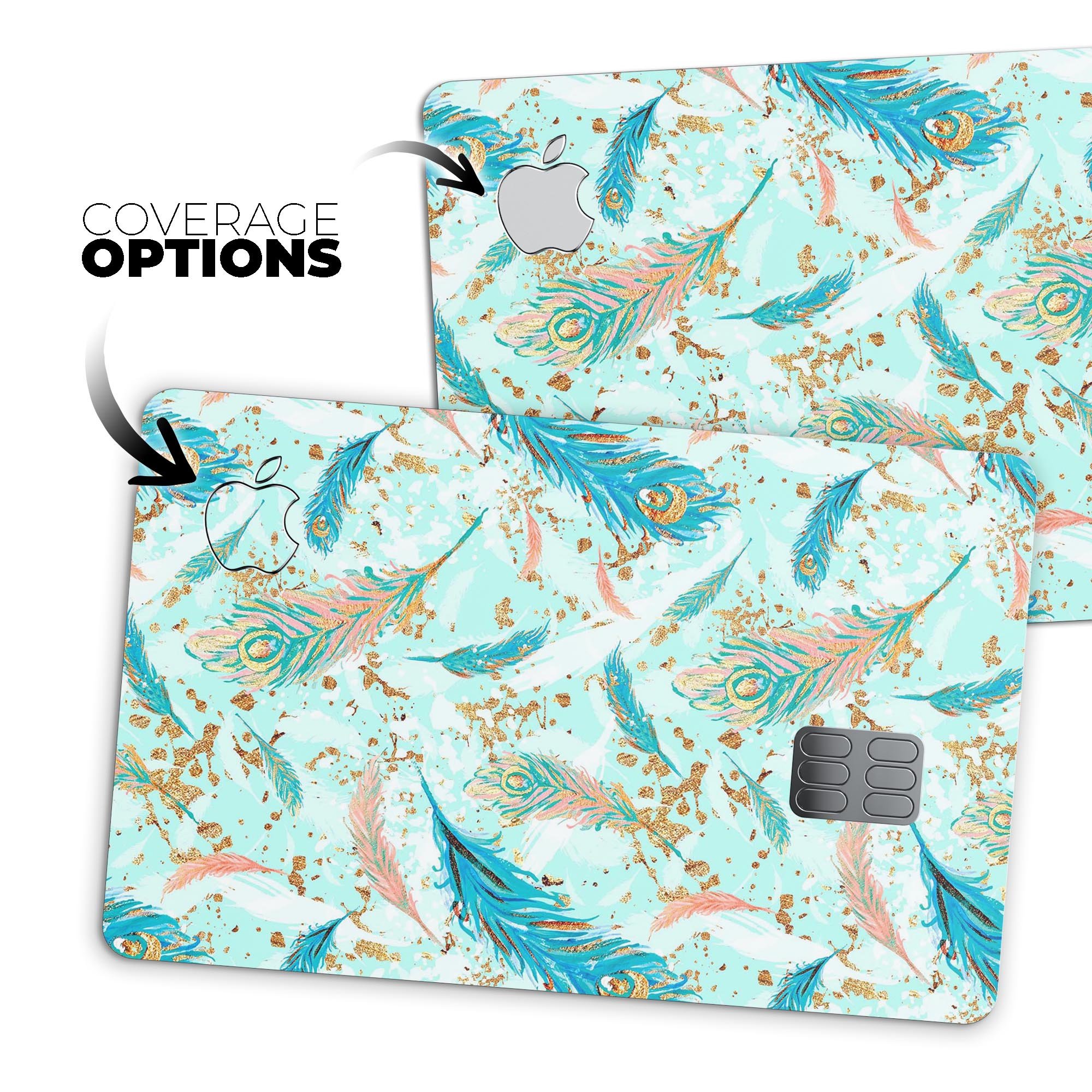 Blue Coral Whispy Feathers decal skin for Apple Card, showcasing vibrant colors and a sleek design.