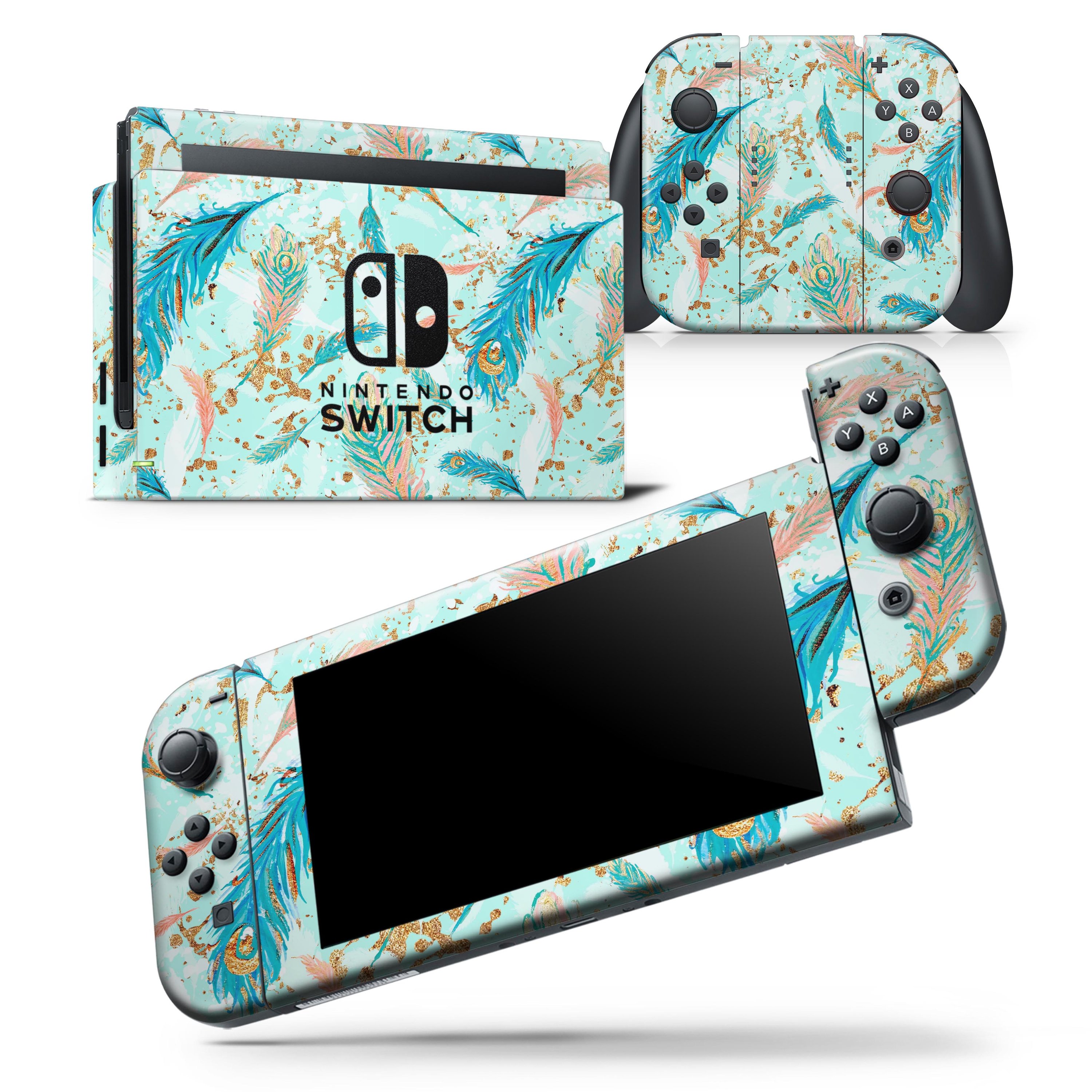 Blue Coral Whispy Feathers skin wrap decal for Nintendo Switch Lite, showcasing vibrant colors and intricate feather design.