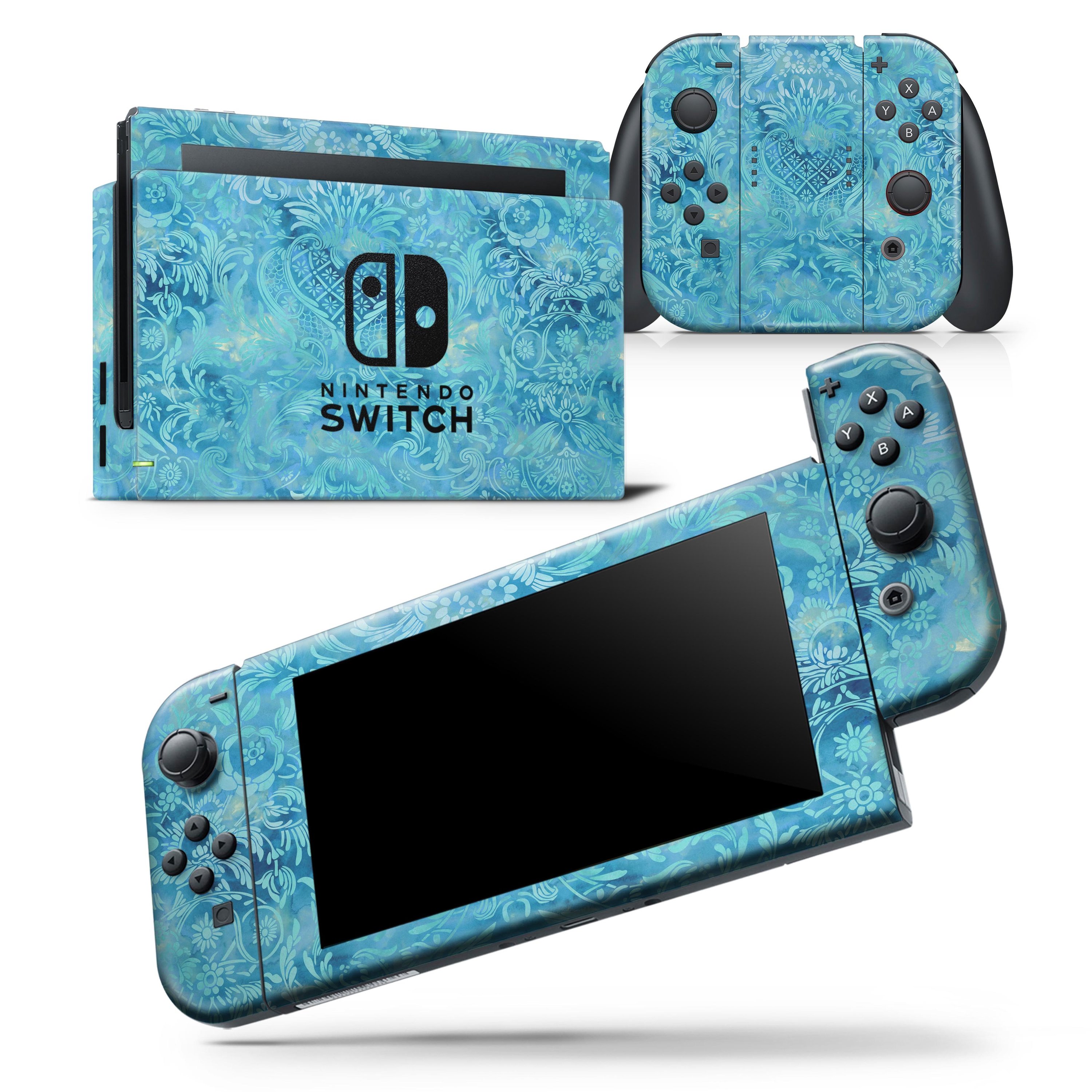 Blue Damask v2 Watercolor Pattern skin wrap decal for Nintendo Switch, showcasing intricate watercolor design and premium vinyl material.