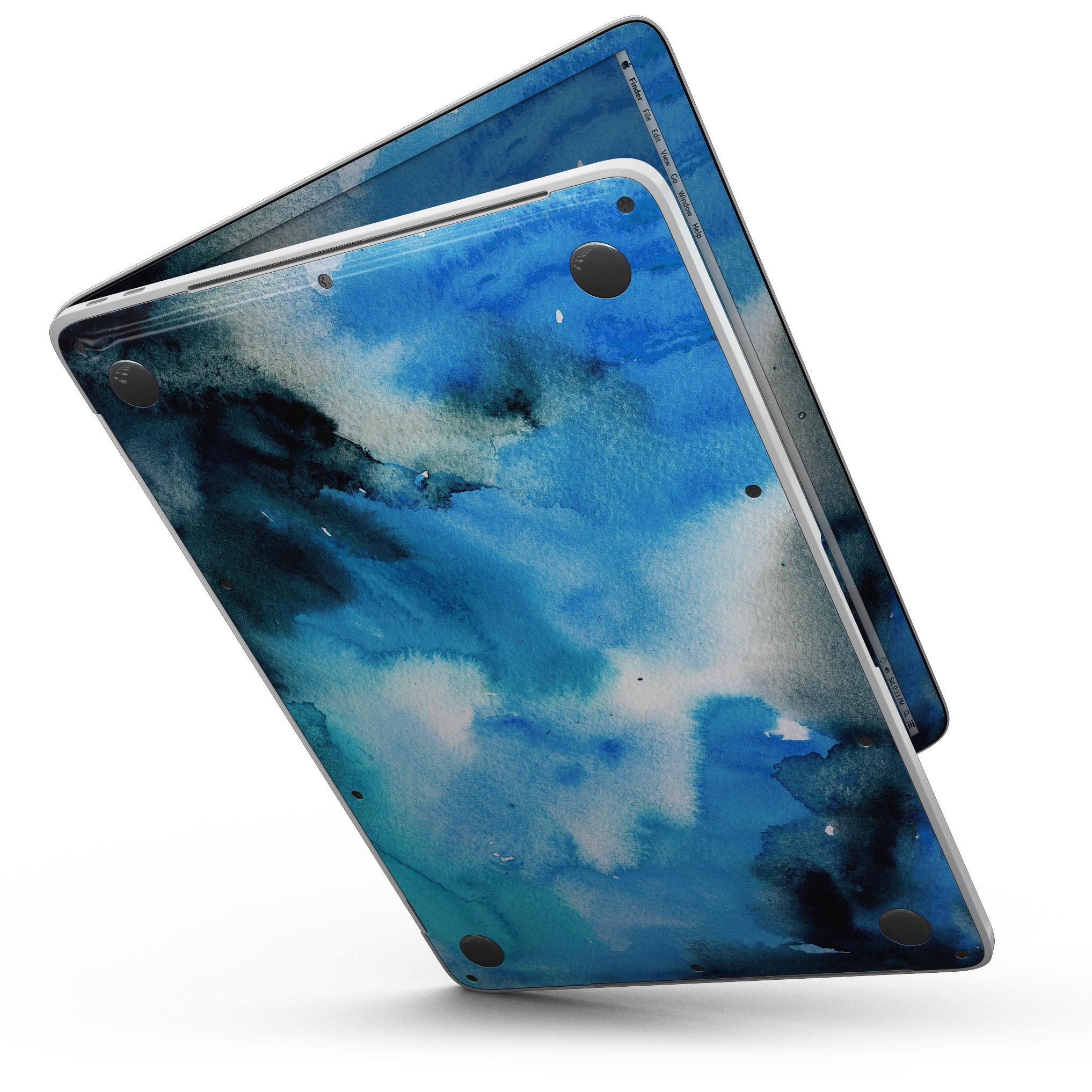 Blue Dark 32 Absorbed Watercolor Texture skin for 13" MacBook Pro without Touch Bar, showcasing vibrant colors and artistic design.