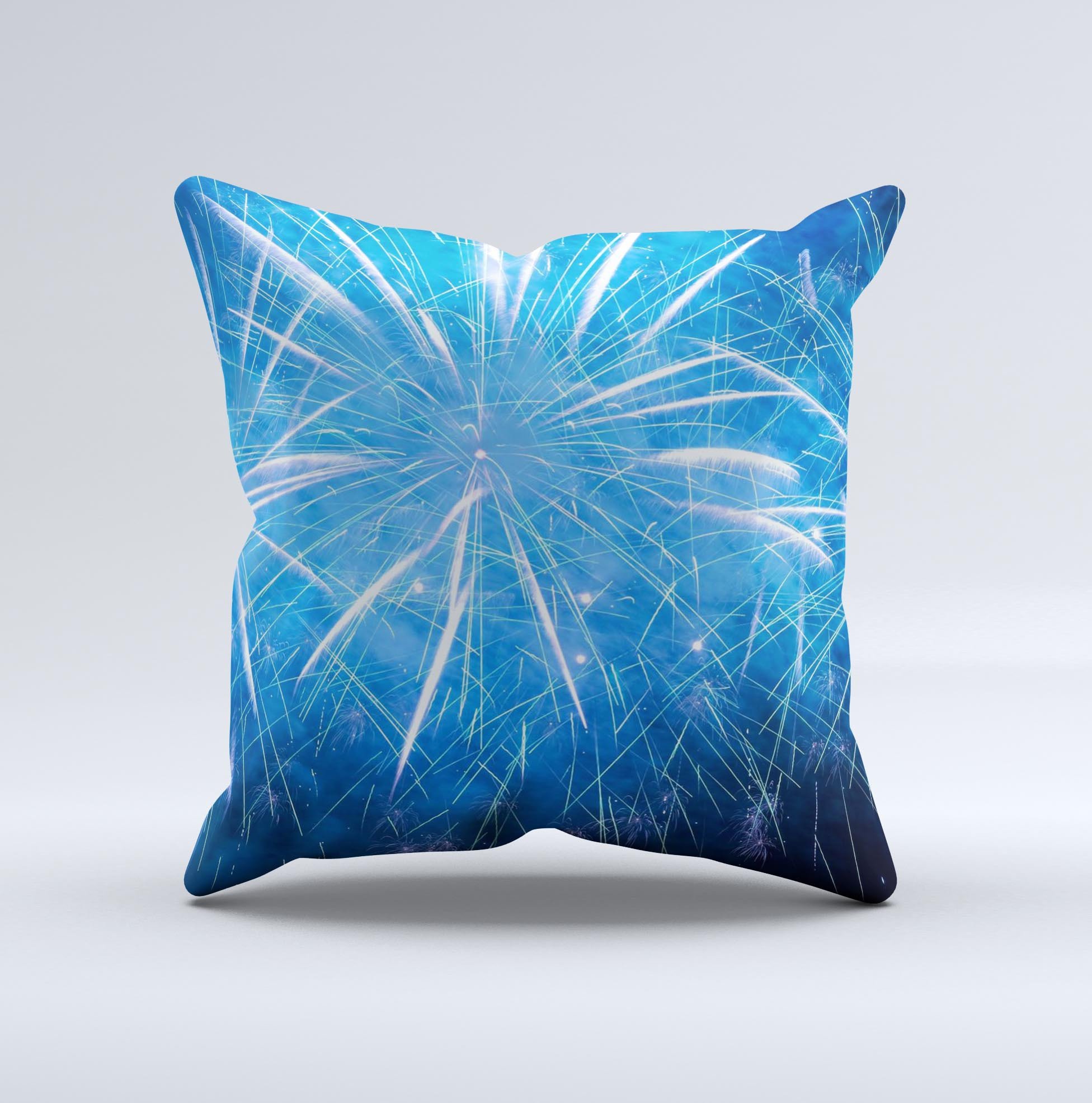 Blue Fireworks Ink-Fuzed Decorative Throw Pillow showcasing vibrant fireworks design on a soft fabric, perfect for home decor.