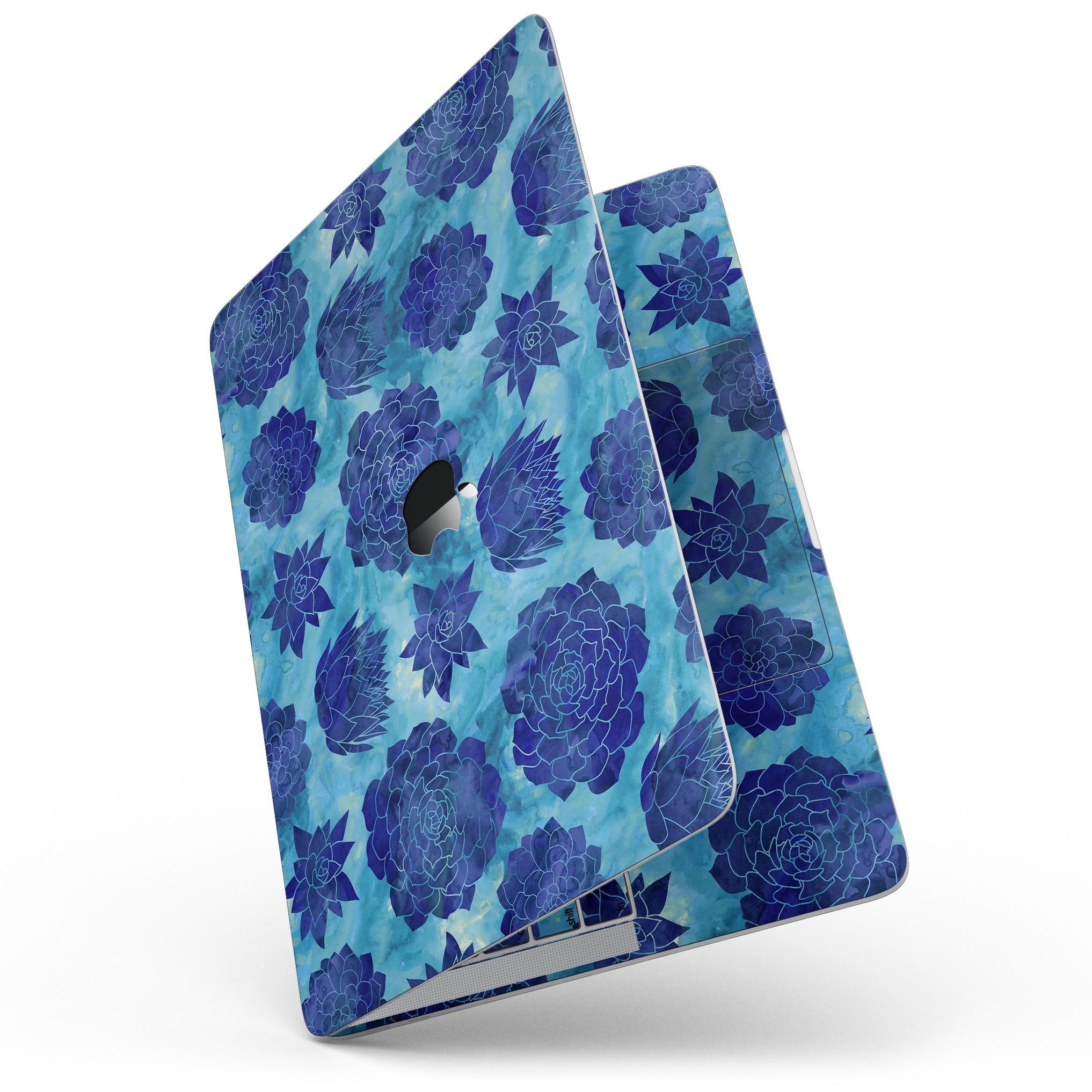 Blue Floral Succulents skin kit for 13" MacBook Pro without Touch Bar, showcasing vibrant floral design on premium vinyl.