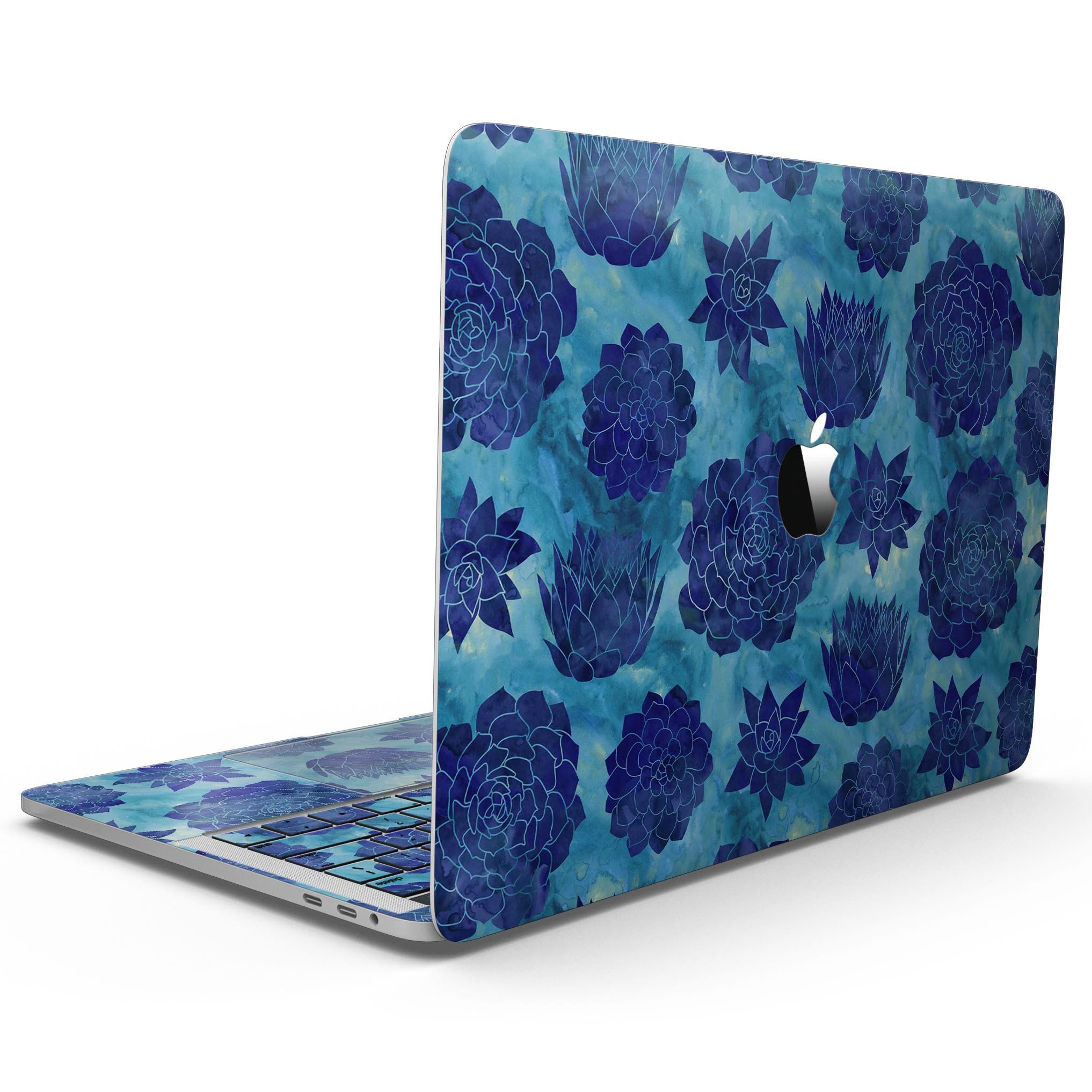 Blue Floral Succulents skin kit for 13" MacBook Pro without Touch Bar, showcasing vibrant floral design on premium vinyl.