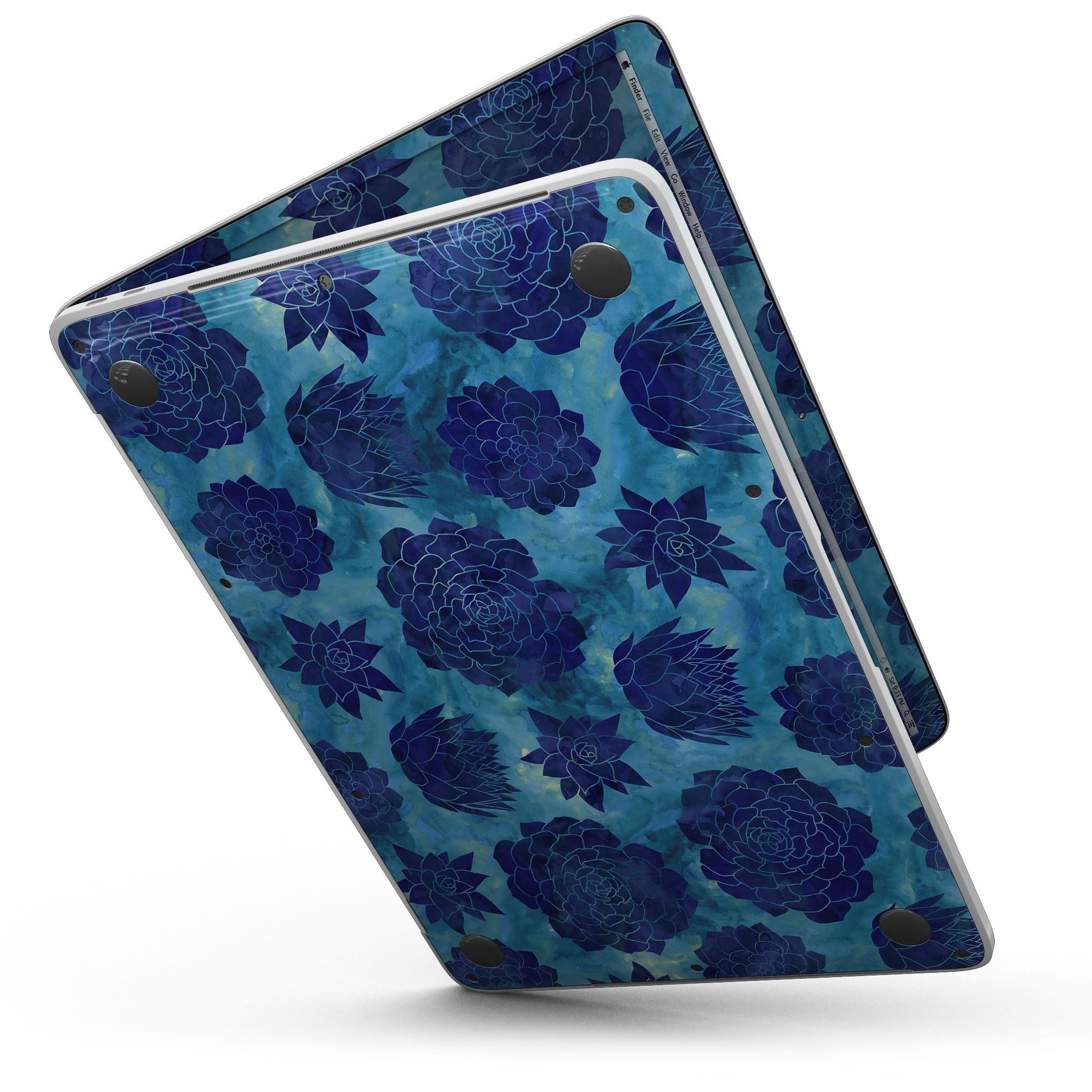 Blue Floral Succulents skin kit for 13" MacBook Pro without Touch Bar, showcasing vibrant floral design on premium vinyl.
