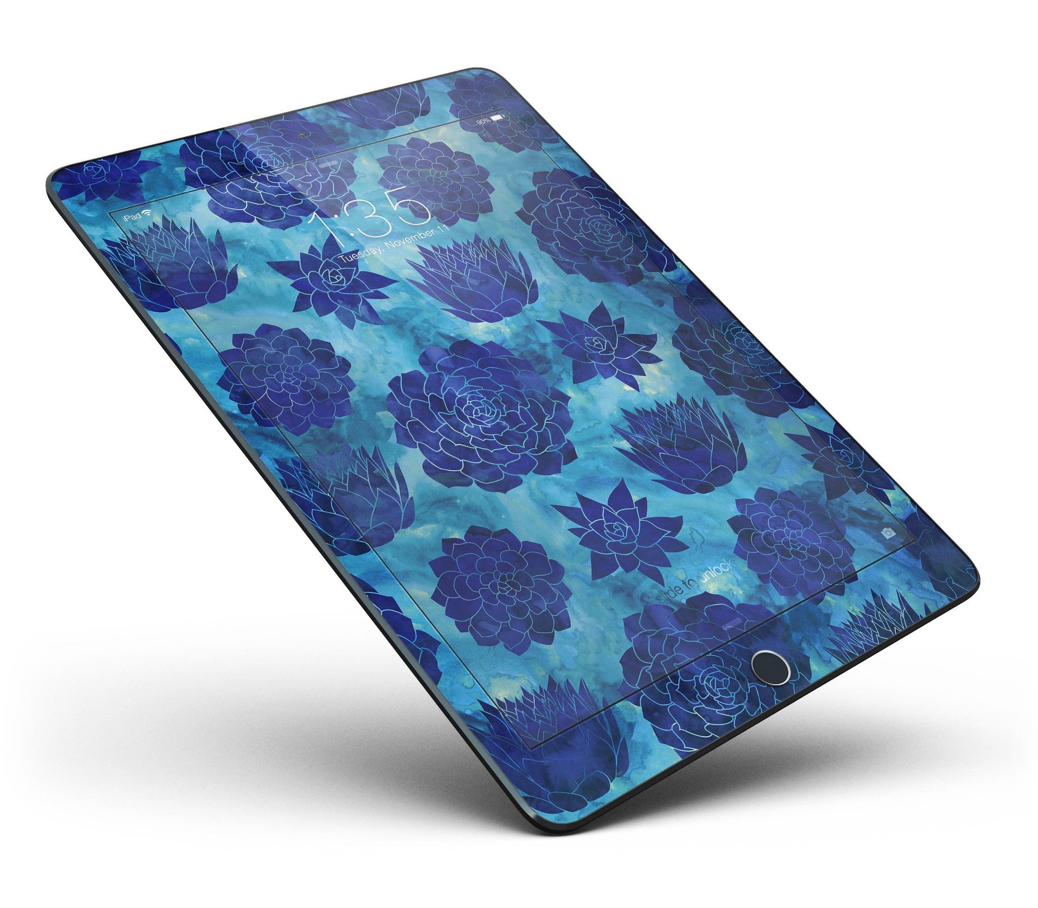 Blue Floral Succulents Full Body Skin for iPad Pro, showcasing vibrant floral design on a sleek vinyl surface.
