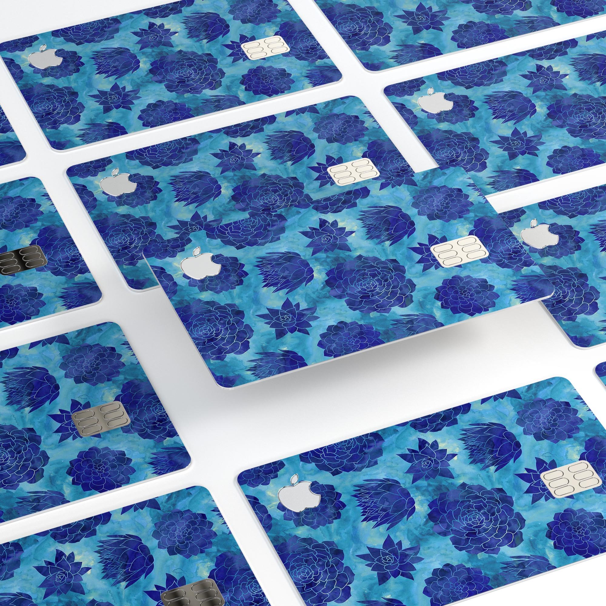 Blue Floral Succulents decal skin for Apple Card, showcasing vibrant floral design and premium vinyl material.
