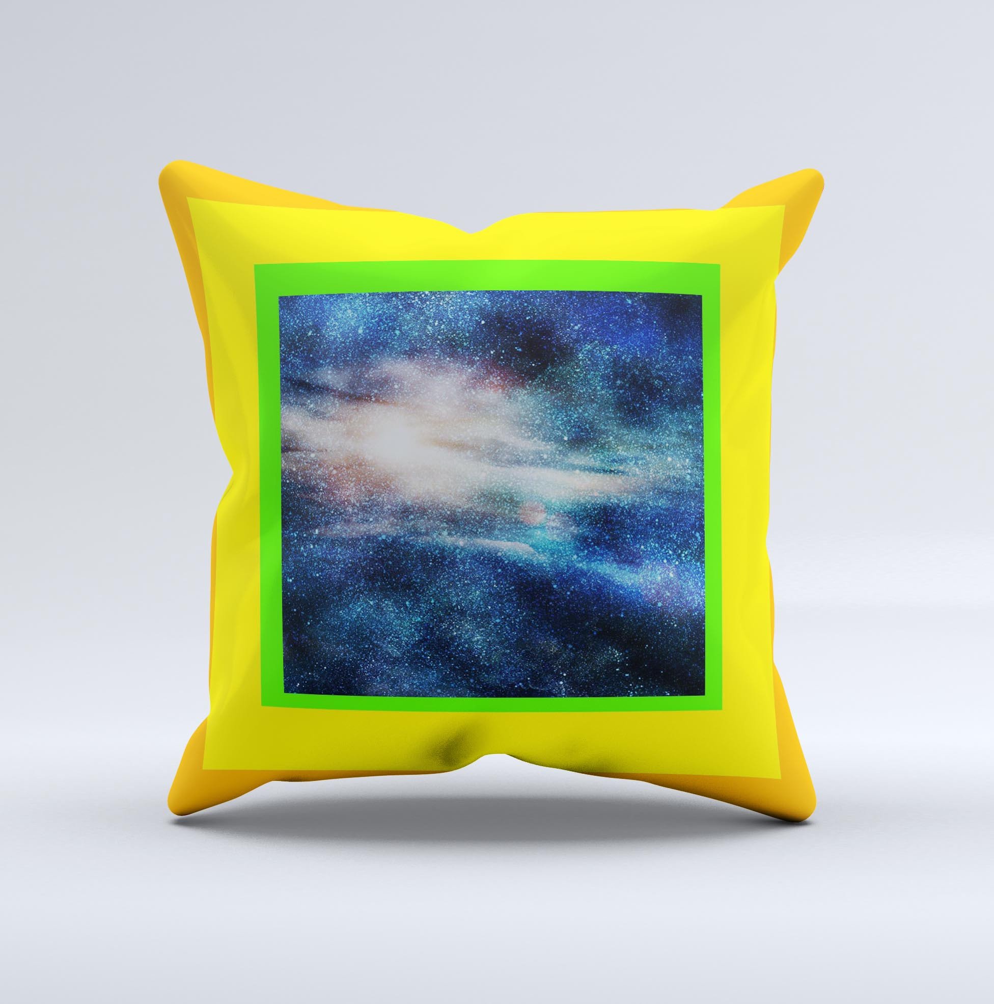 Blue Gold Glowing Star-Wave Decorative Throw Pillow with intricate design and vibrant colors, handcrafted in Virginia.
