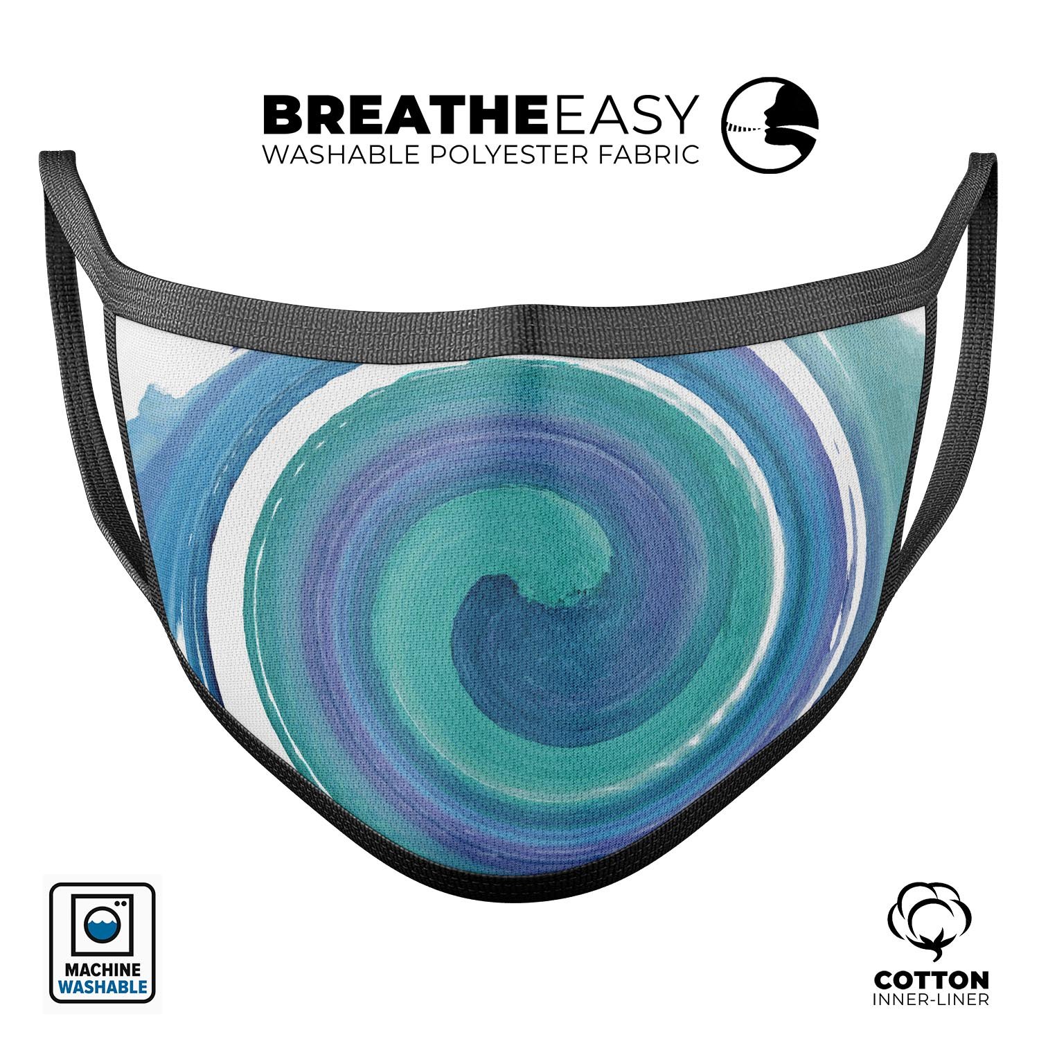 Blue and green watercolor swirl face mask, made in the USA, showcasing a vibrant design and adjustable ear loops for a comfortable fit.