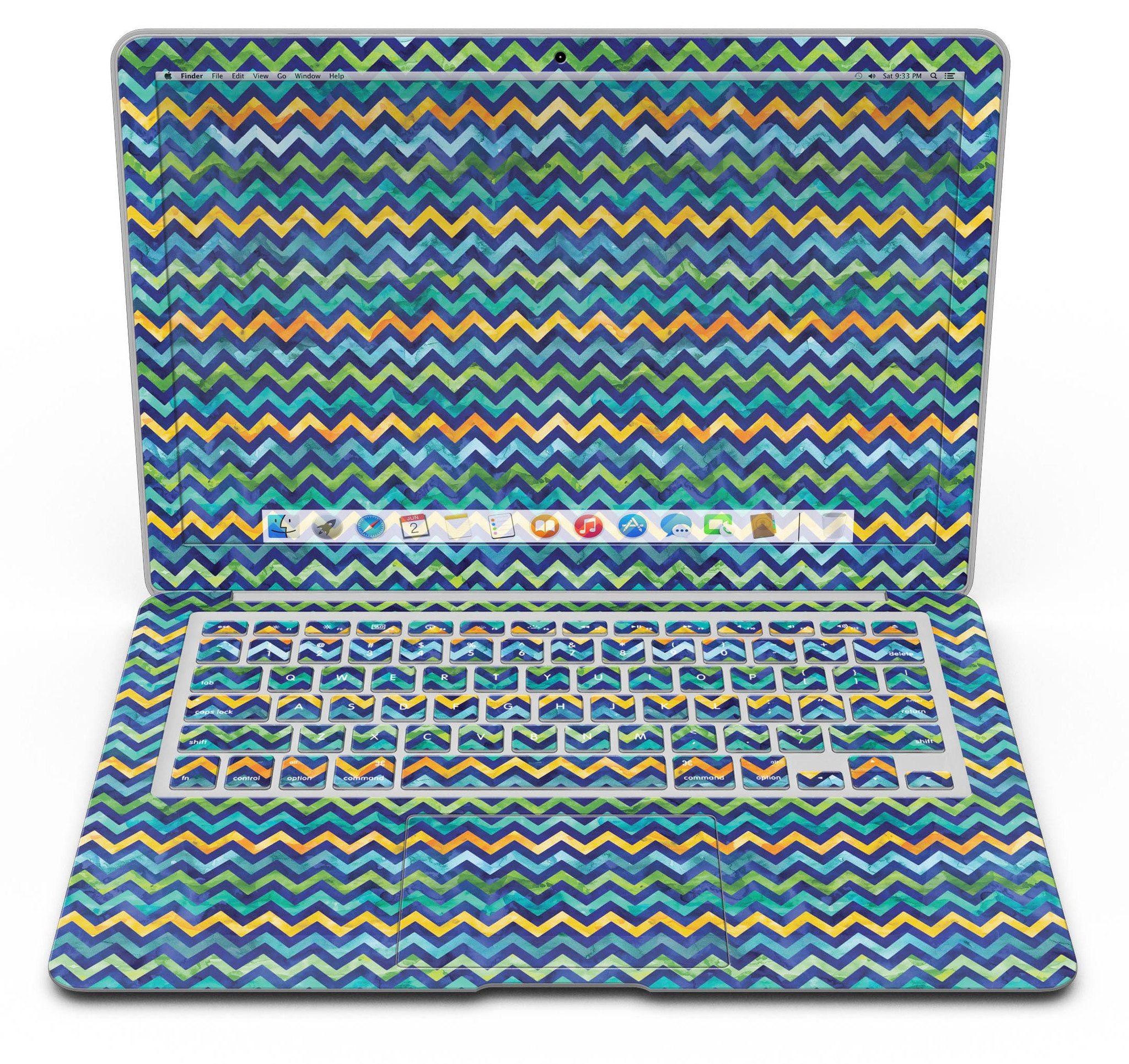Blue Green Yellow and Orange Watercolor Chevron Pattern skin for MacBook Air, showcasing vibrant colors and stylish design.