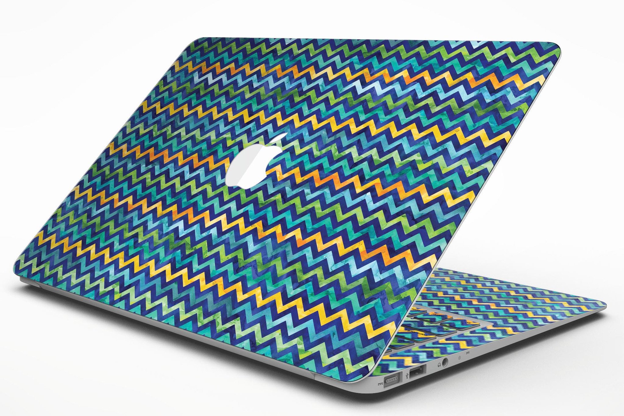 Blue Green Yellow and Orange Watercolor Chevron Pattern skin for MacBook Air, showcasing vibrant colors and stylish design.