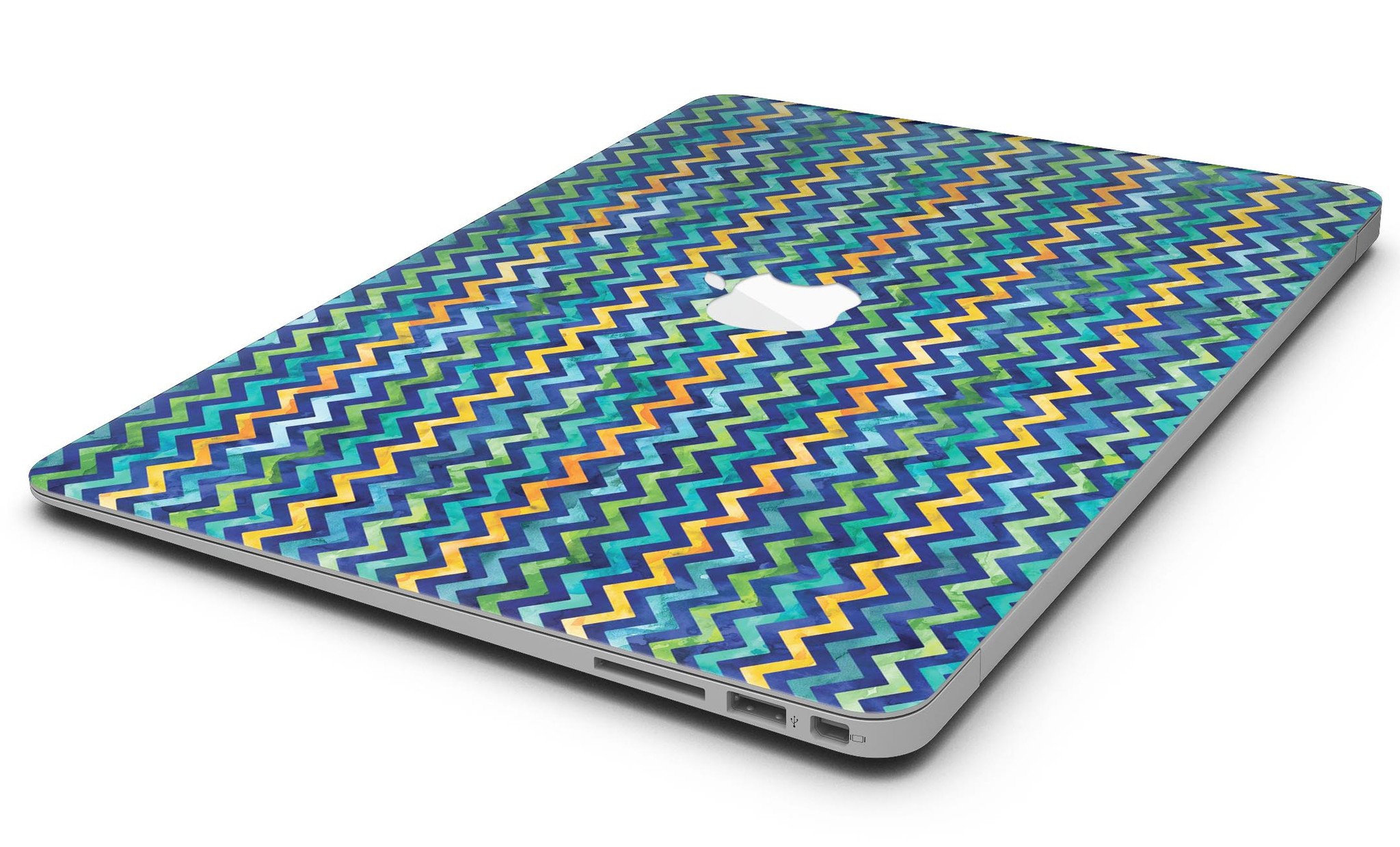 Blue Green Yellow and Orange Watercolor Chevron Pattern skin for MacBook Air, showcasing vibrant colors and stylish design.