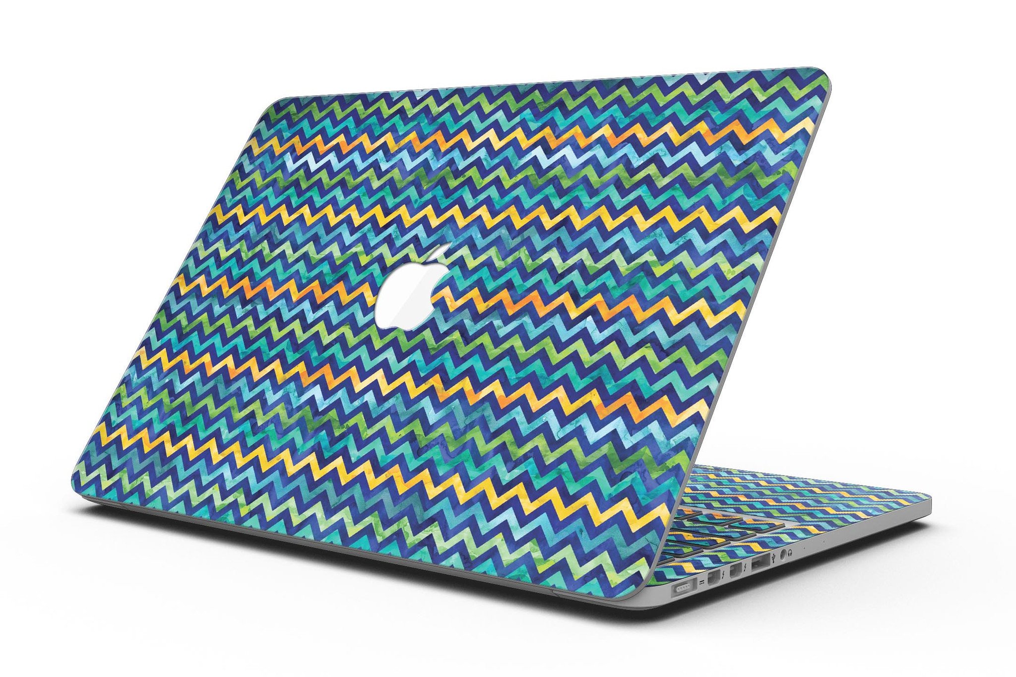 Blue Green Yellow and Orange Watercolor Chevron Pattern skin for MacBook Pro, showcasing vibrant colors and stylish design.