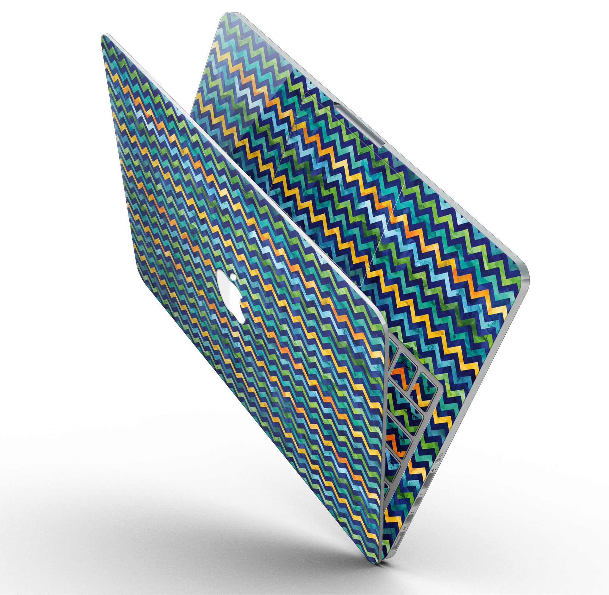 Blue Green Yellow and Orange Watercolor Chevron Pattern skin for MacBook Pro, showcasing vibrant colors and stylish design.